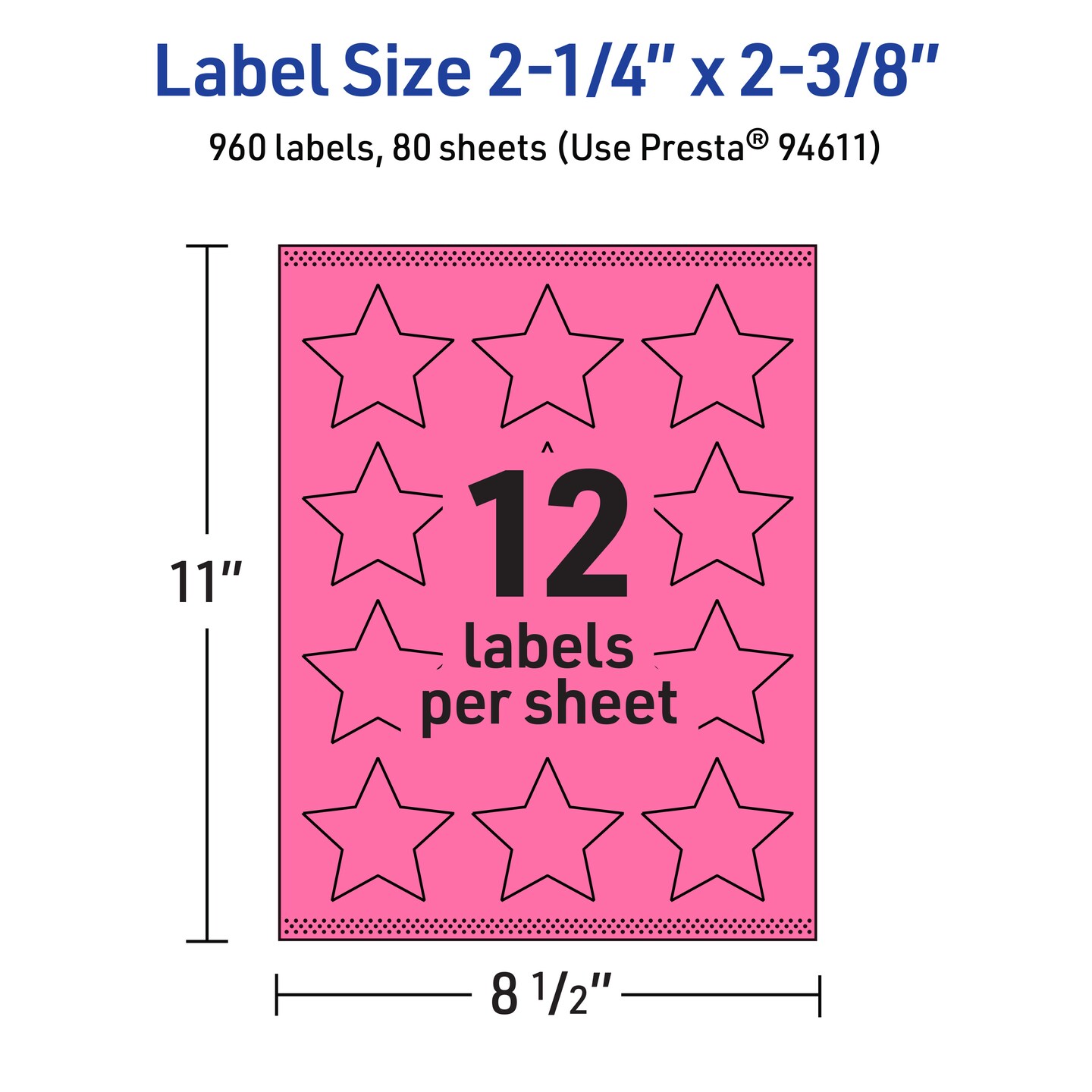 Avery Bright Pink Paper Labels, 2-1/4&#x22; x 2-3/8&#x22; Star