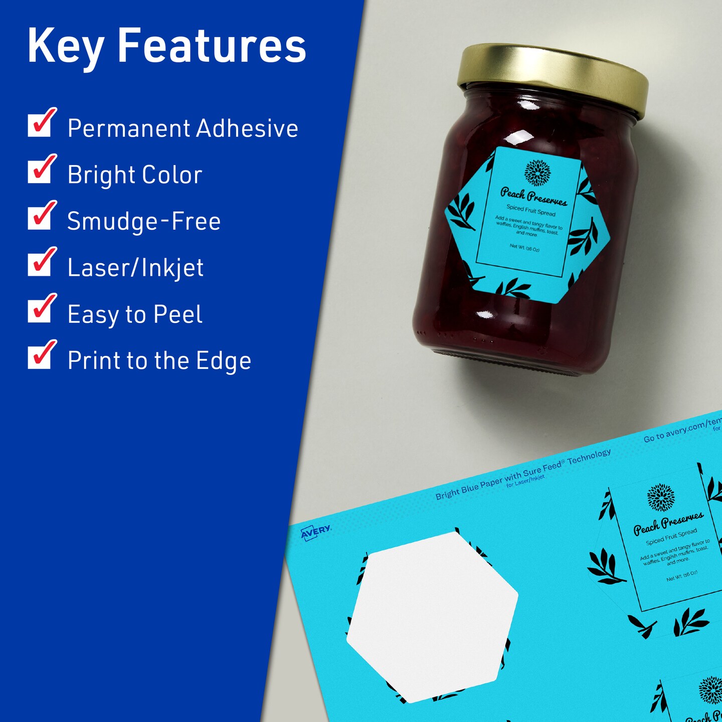 Avery Bright Blue Paper Labels, 2-1/2&#x22; x 2-57/64&#x22; Hexagon