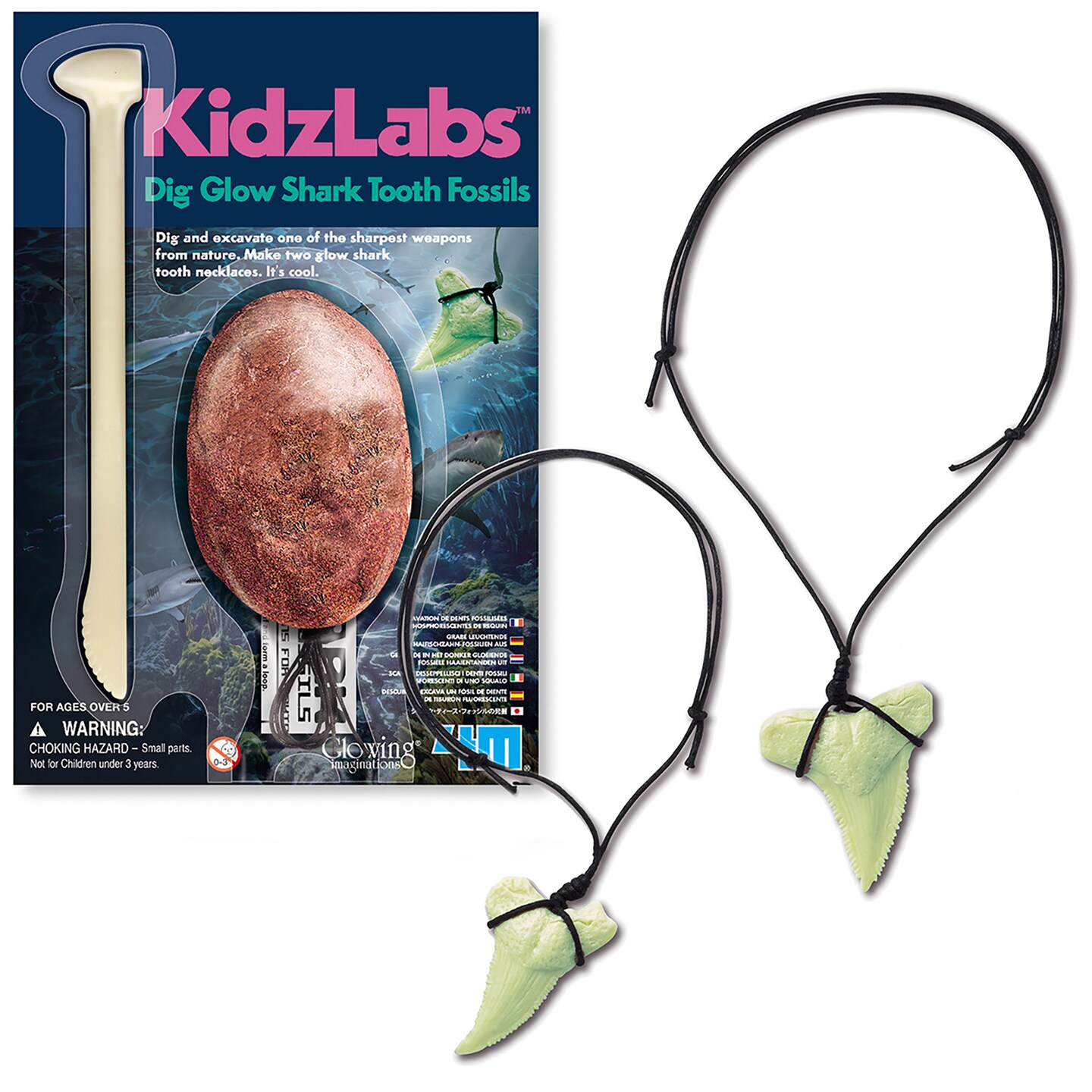 4M: KidzLabs: Dig Glow Shark Tooth Fossils - Dig &#x26; Excavate, Make 2 Glow-In-The Dark Tooth Necklaces, Science &#x26; Jewelry Making Craft Kit, Kids Ages 5+