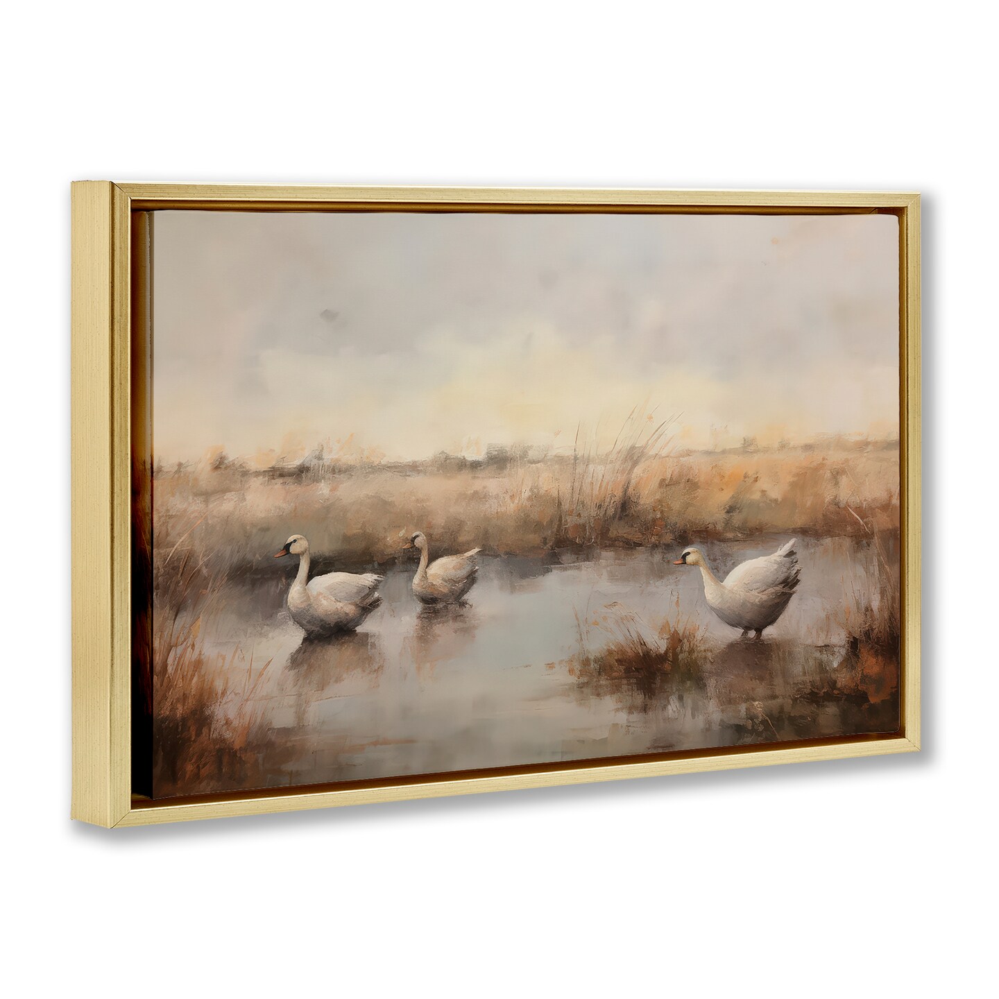 Stupell Industries Swan Family Rural Pond Framed Floater Canvas Wall Art Design by Petal Prints Design
