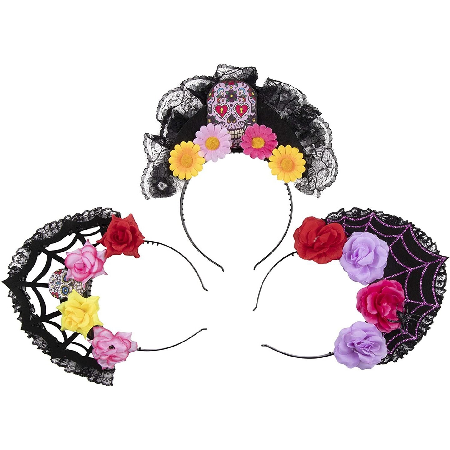 3 Pack Black Lace Day of The Dead Headbands, Halloween Crown Hair Accessories in Skull, Spider Web