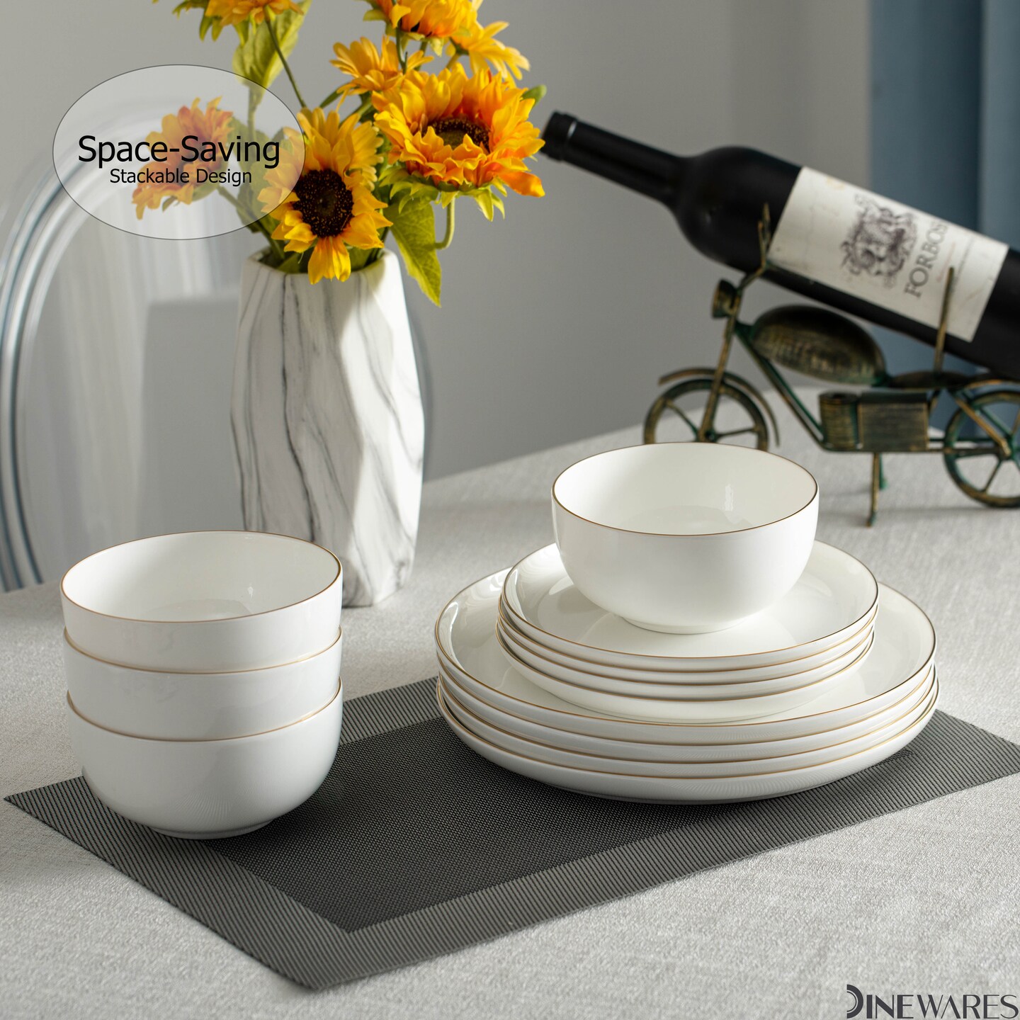 Perlaceo Luxurious Collection of White with Gold Rim Bone China Dinnerware Set - Lightweight and Durable - Service for 4 or 8, Including Dinner Plates, Salad Plates, and Cereal or Soup Bowls