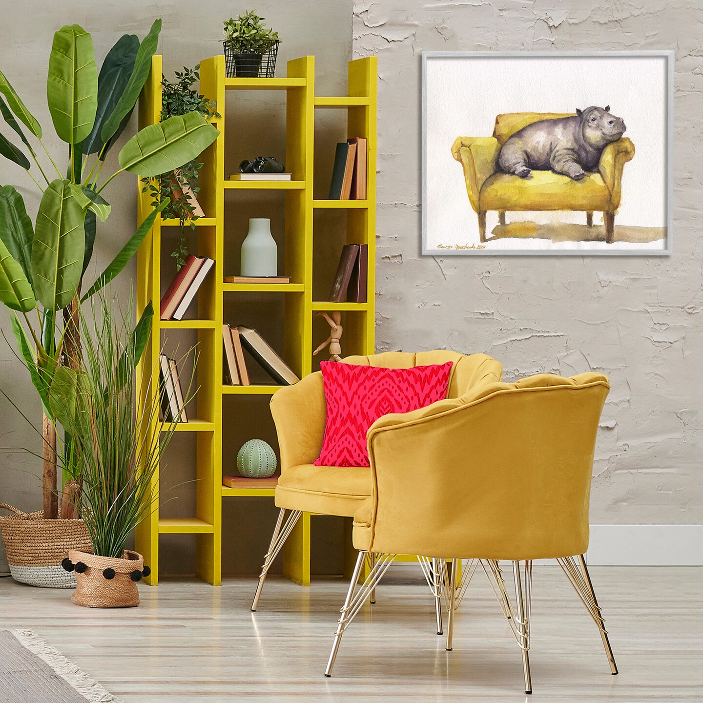 Stupell Industries Hippo on Yellow Chair Framed Giclee Wall Art Design by George Dyachenko