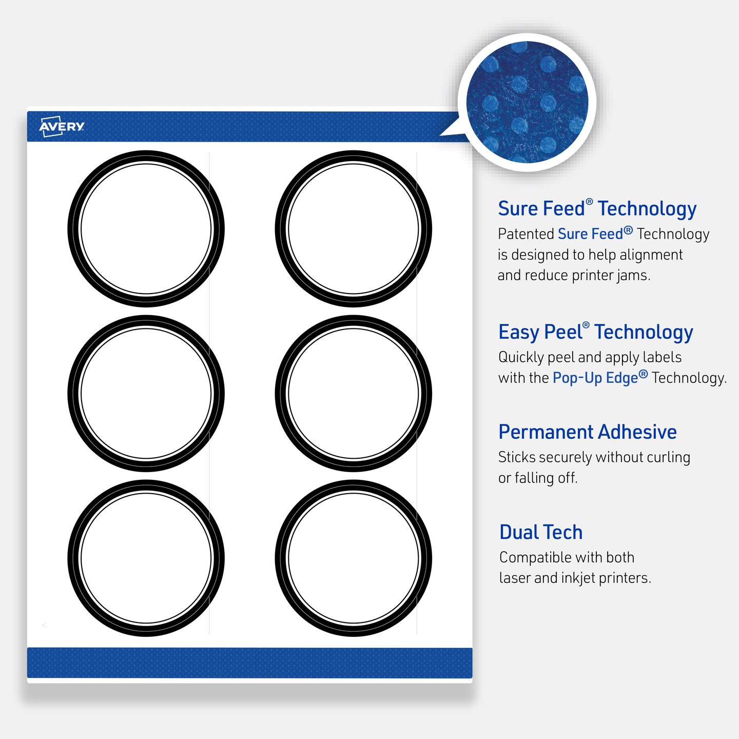 Avery Printable Round Labels, Double Black Border, 3&#x22; Diameter, Matte White Round Labels, Permanent, Laser/Inkjet, 60ct, Great for Product Labels