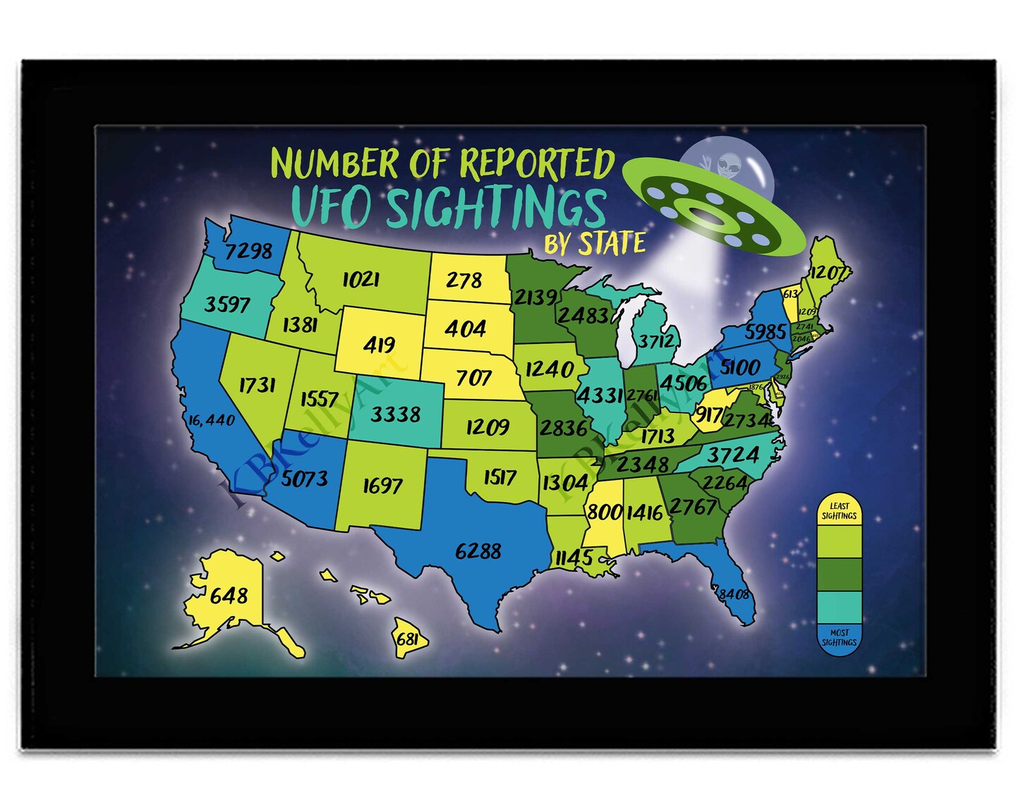 UFO Sightings Map Alien Art Print Flying Saucer UFO Wall Art Paranormal Extraterrestrial UFO Decor Ufologist Great Gift United States Map