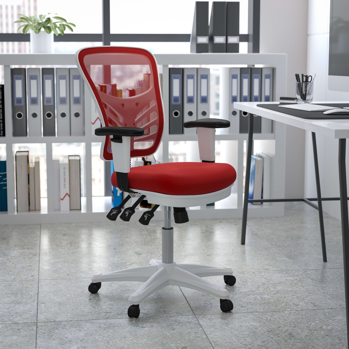 Emma and Oliver Mid-Back Mesh Triple Paddle Swivel Ergonomic Office Chair with Adjustable Arms