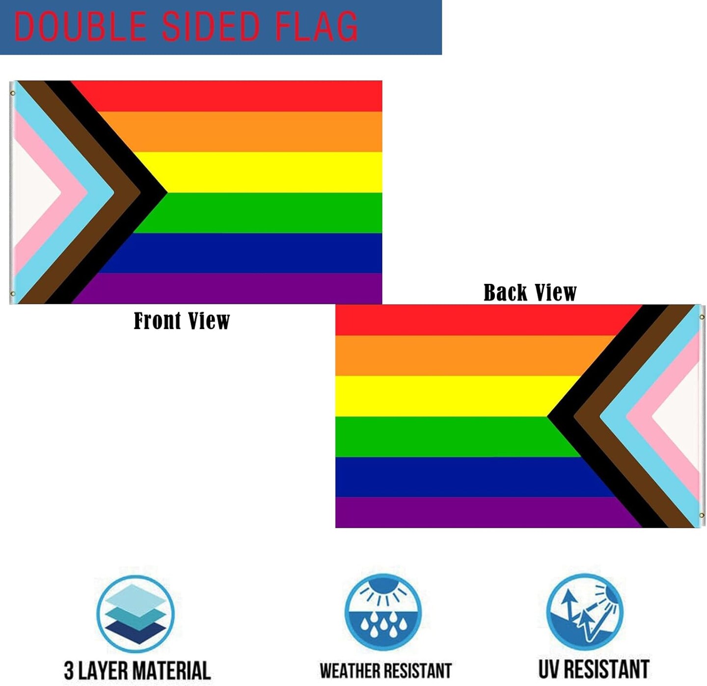 Progress Pride Flag 4x6 Outdoor Double Sided- Heavy Duty 3ply LGBT Community Gay Pride Lesbian Transgender Bisexual Rainbow Flag Super Durable Flags 4 Rows Stitched Edge Canvas Header with 2 Brass