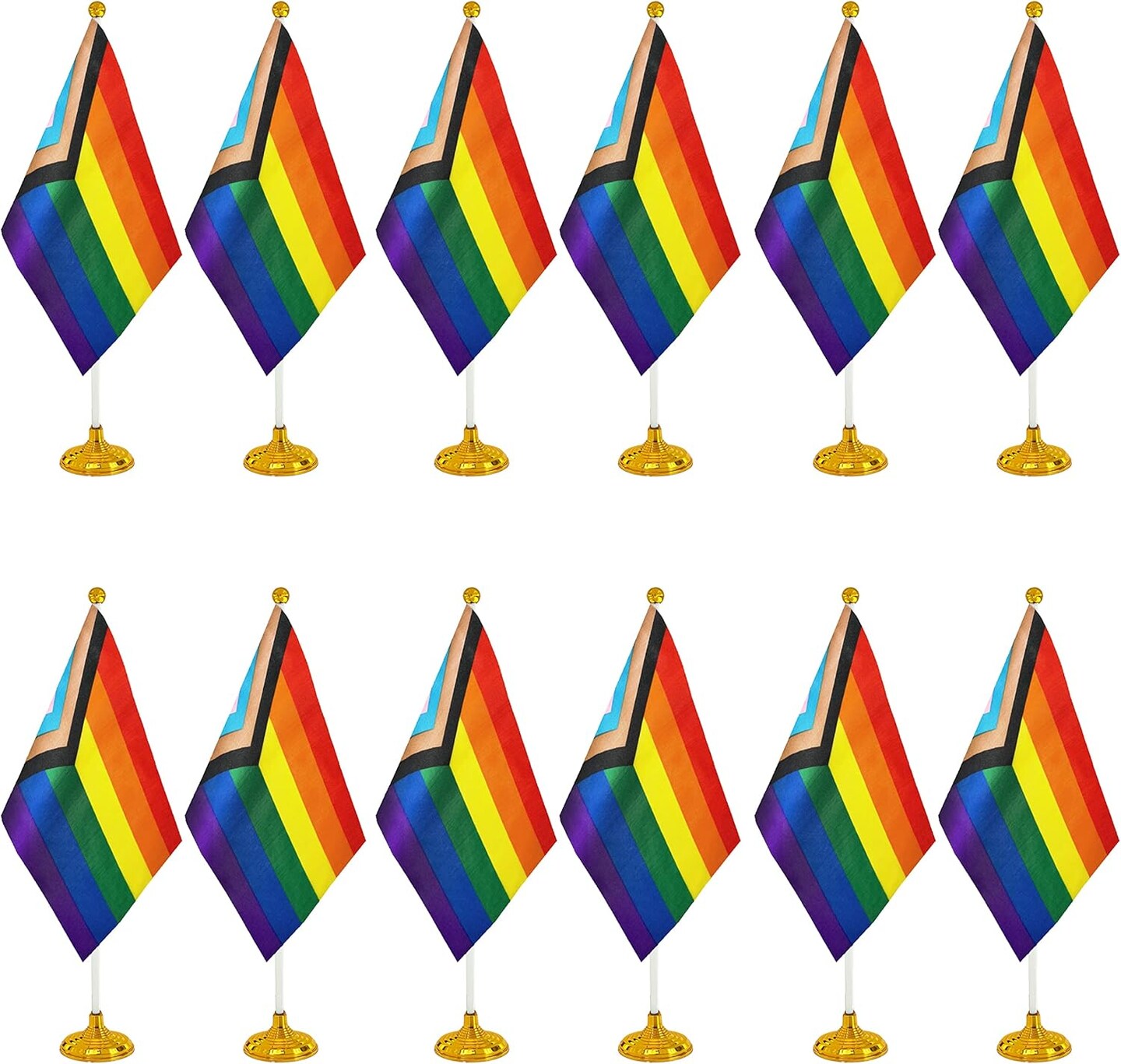 12 Pack Progress Pride Rainbow Desk Flag Small Mini Gay LGBT Table Flags With Stand Base,Rainbow Mardi Gras Festival Events Celebration Decorations