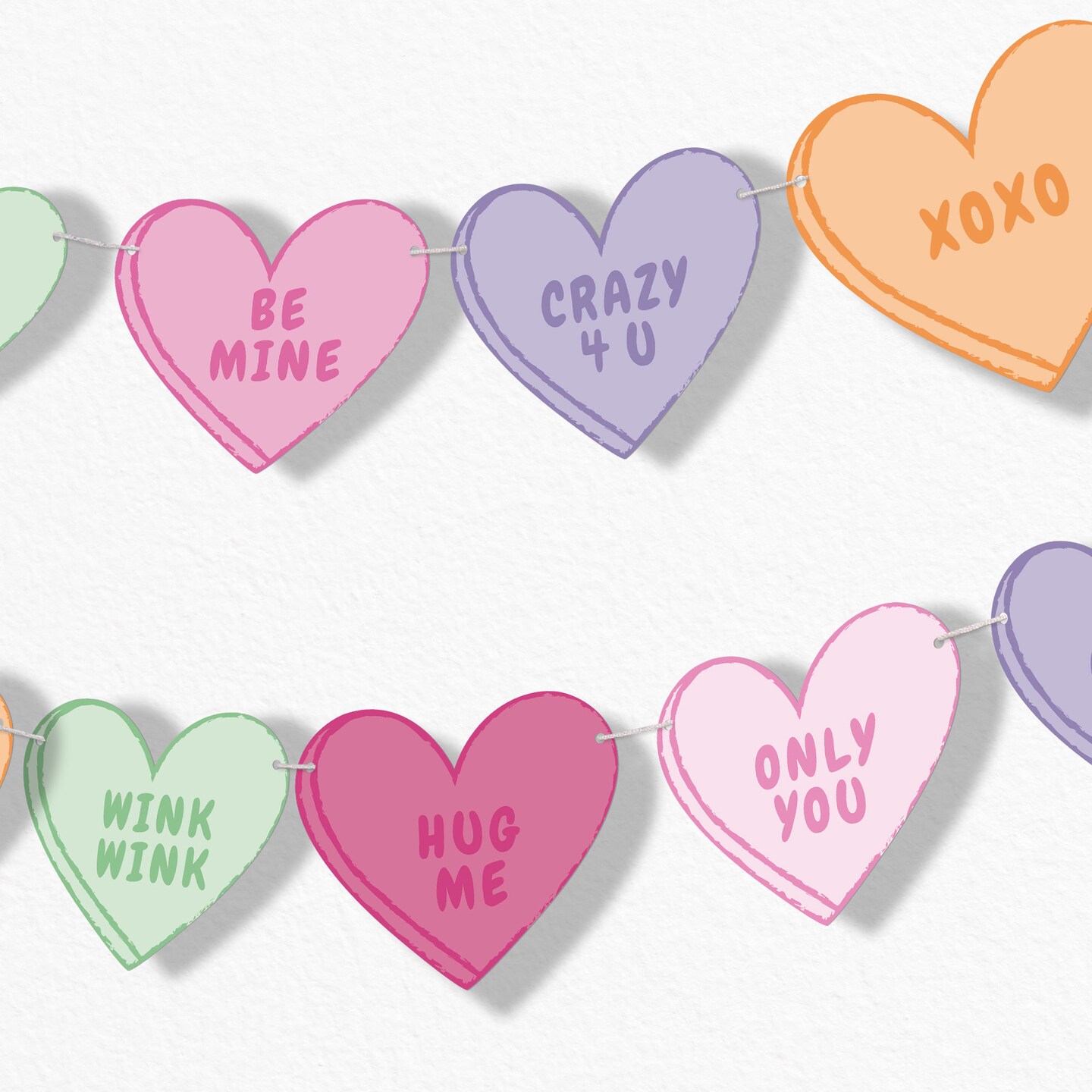 Big Dot of Happiness Valentine Hearts Garland Banner, Pastel Galentine's & Valentine's Backdrop 30 Ft of Cord 15 Double-Sided Paper Candy Heart Shapes
