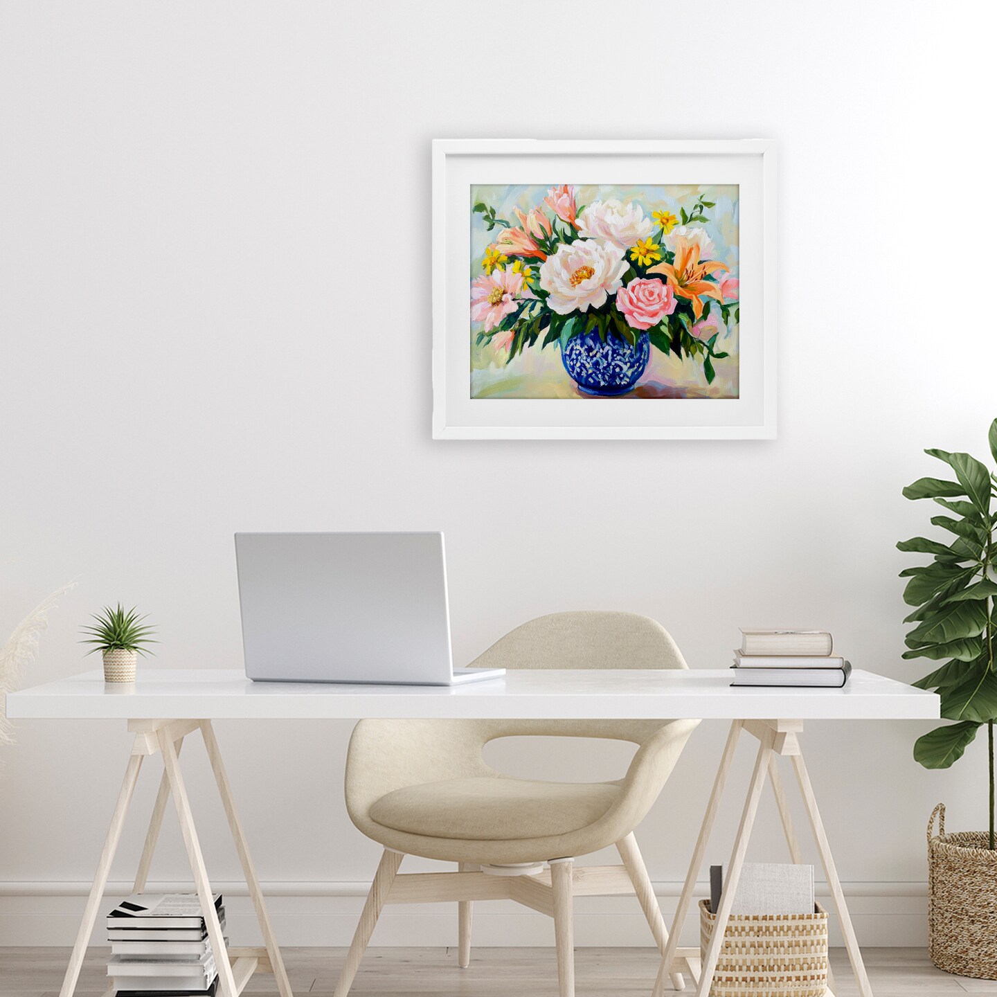 Stupell Industries Indigo Chinoiserie with Assorted Flowers Framed Print Under Glass, design by Petal Prints Design