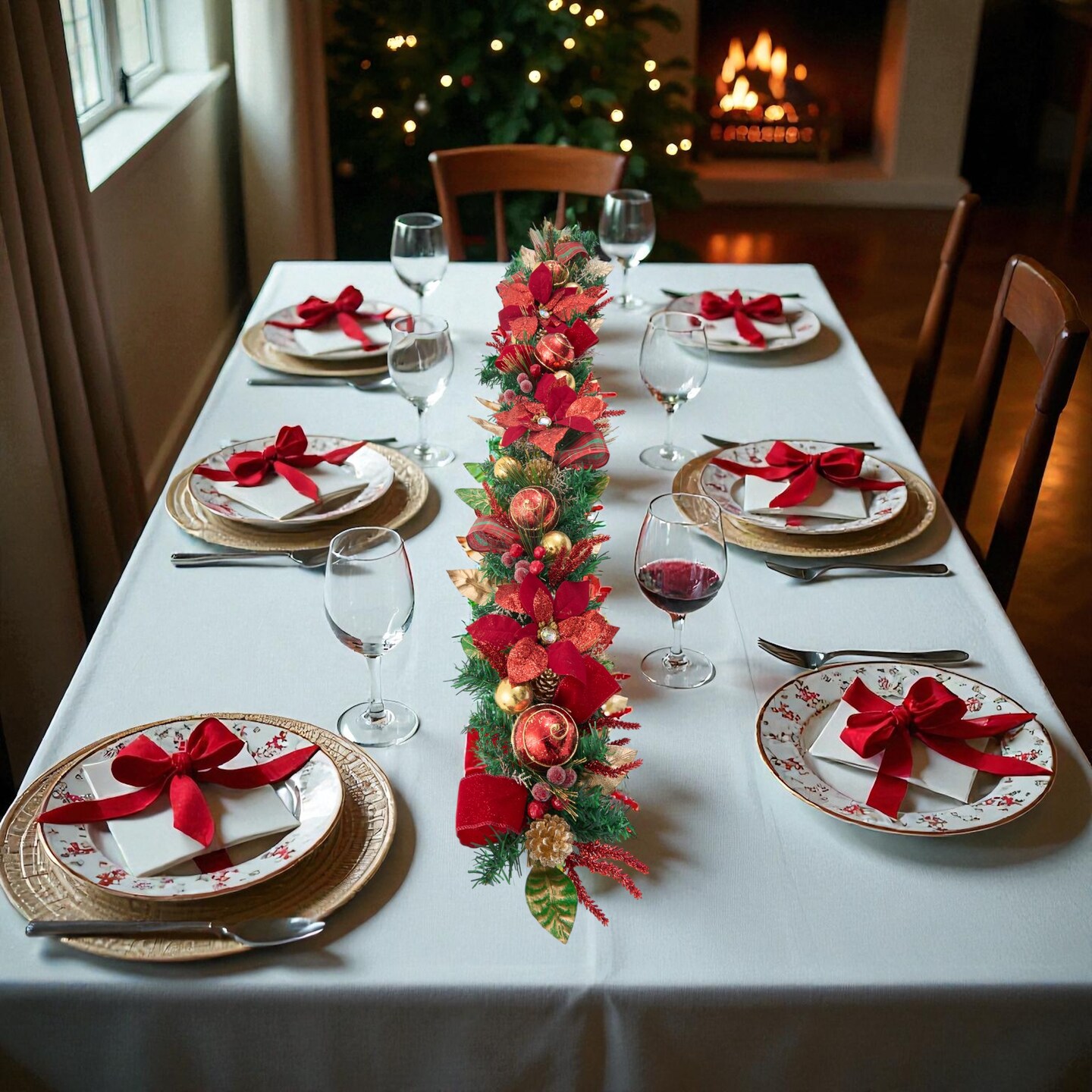 Poinsettia Garland - Red - Christmas Decorated Garland