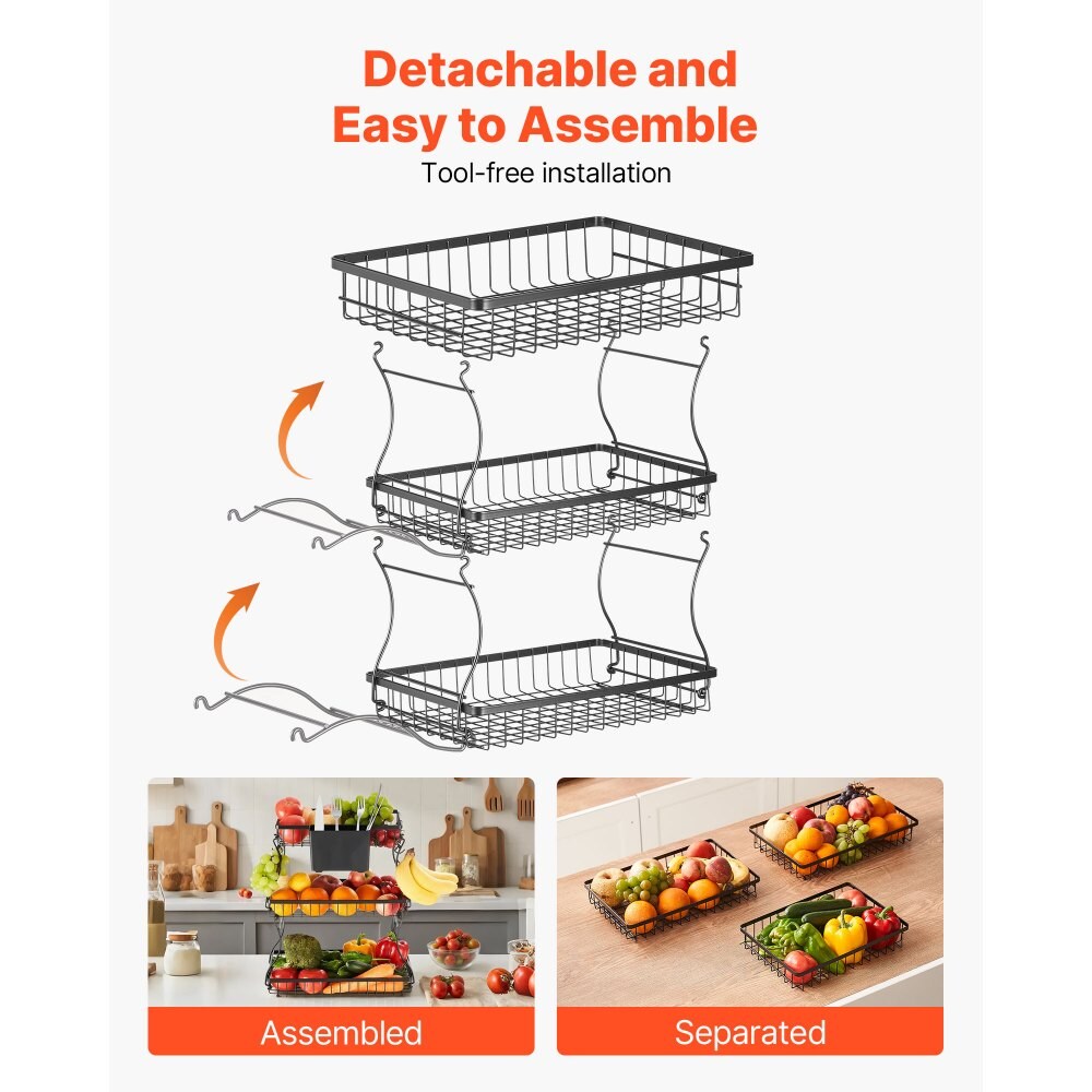 Matte Black Iron 3-Tier Countertop Fruit Basket with Detachable Design