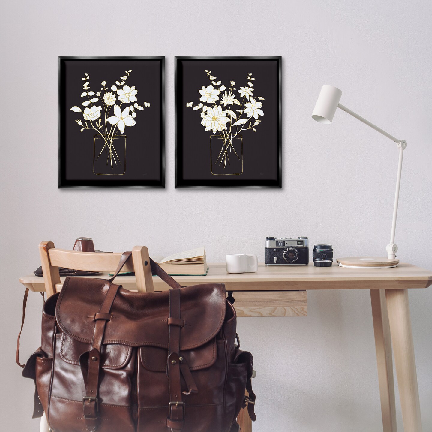 Stupell Industries Minimalist Flower Sketch in Jar 2 pc Framed Floater Canvas Wall Art Set Design by Nan