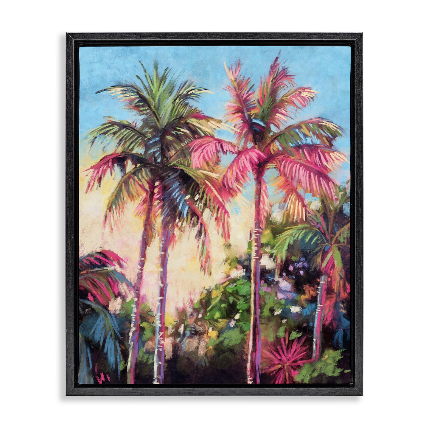 Stupell Industries Tropical Palms Pink Details Framed Floater Canvas Wall Art Design by Nina Blue