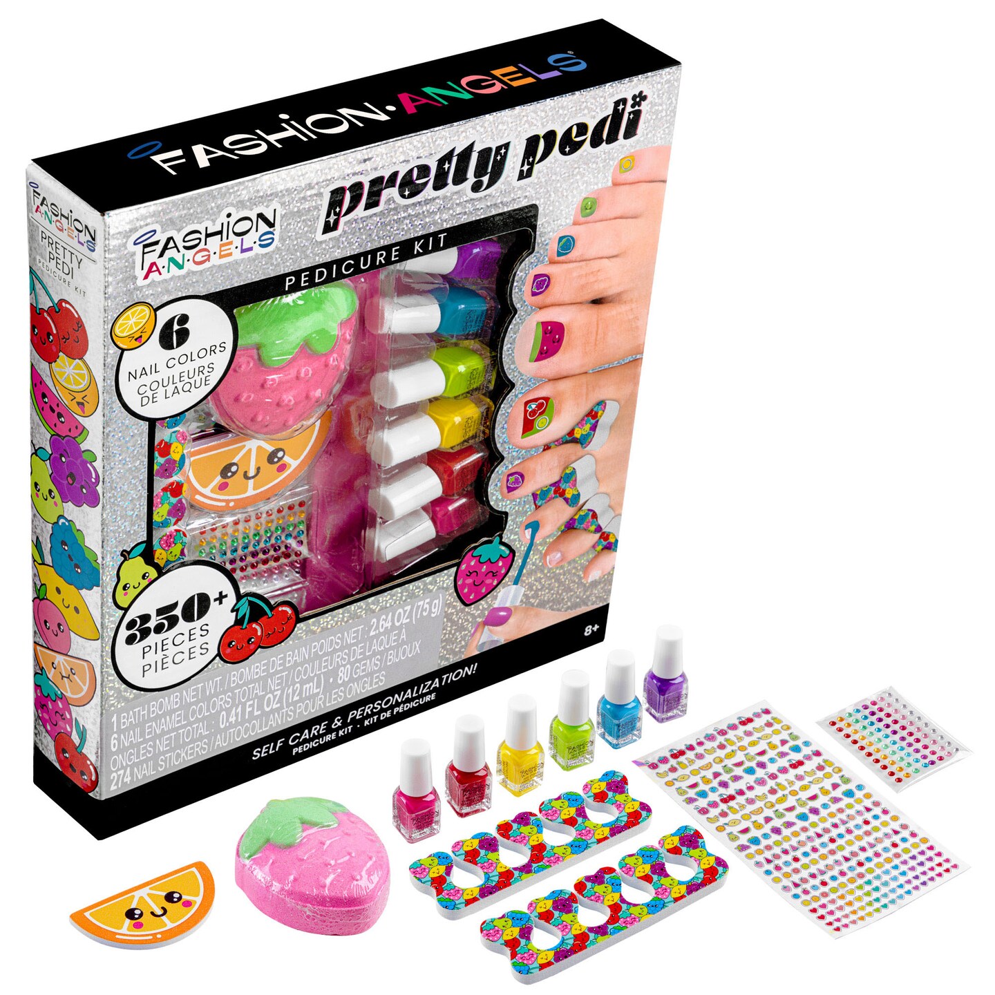 Fashion Angels: Pretty Pedi Pedicure Kit - Nail Spa &#x26; Salon Design Set, 6 Polishes, Stickers &#x26; Gems, Bath Fizz, Water-Based, Girls-Tweens-Kids 8+