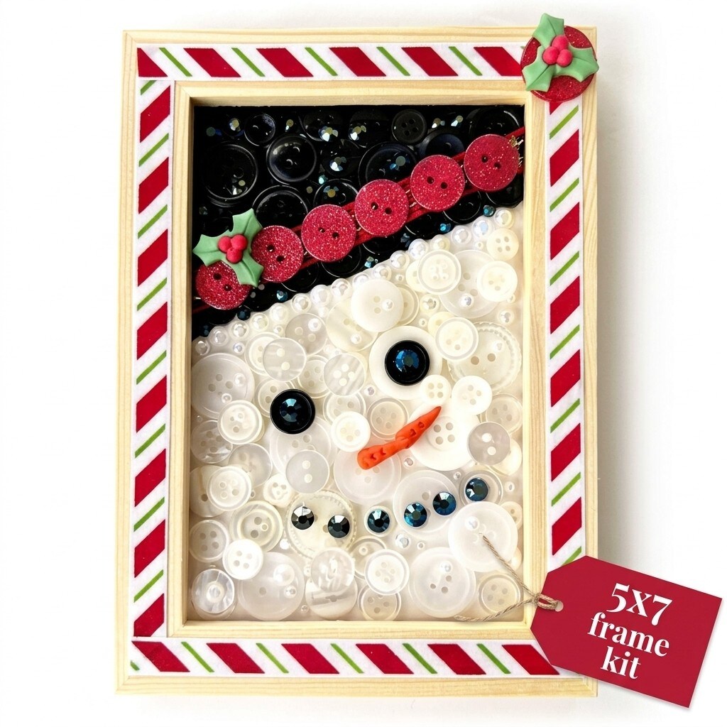 Winter Snowman DIY Button Art Frame Kit - Natural Wood, Holiday Craft Kit
