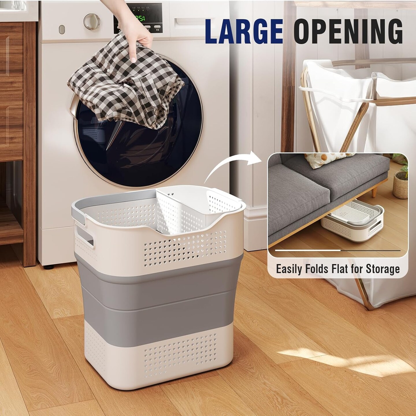Collapsible Plastic Laundry Basket Hamper with Handles, 43L (11.5Gallon) Portable Rubber Clothes Basket, Pop Up Storage Container/Organizer