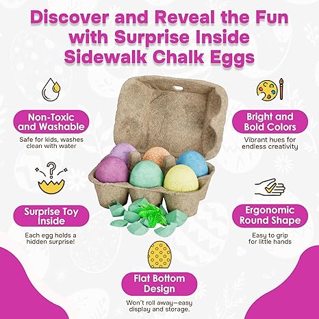 6ct Surprise Inside Sidewalk Chalk Eggs – Washable Outdoor Activity for Kids, Flat Bottom Design Egg Chalk, Surprise Toys Chalk Set for Kids Play Set