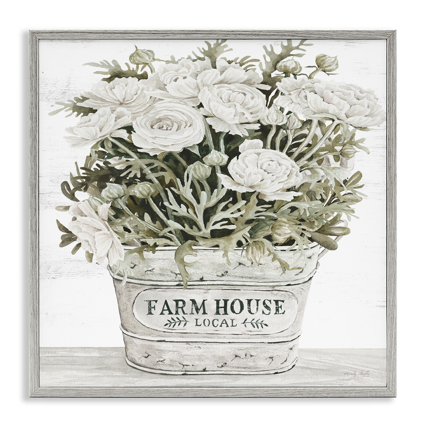 Stupell Industries Farmhouse Planter White Rose Blossoms Framed Giclee Art