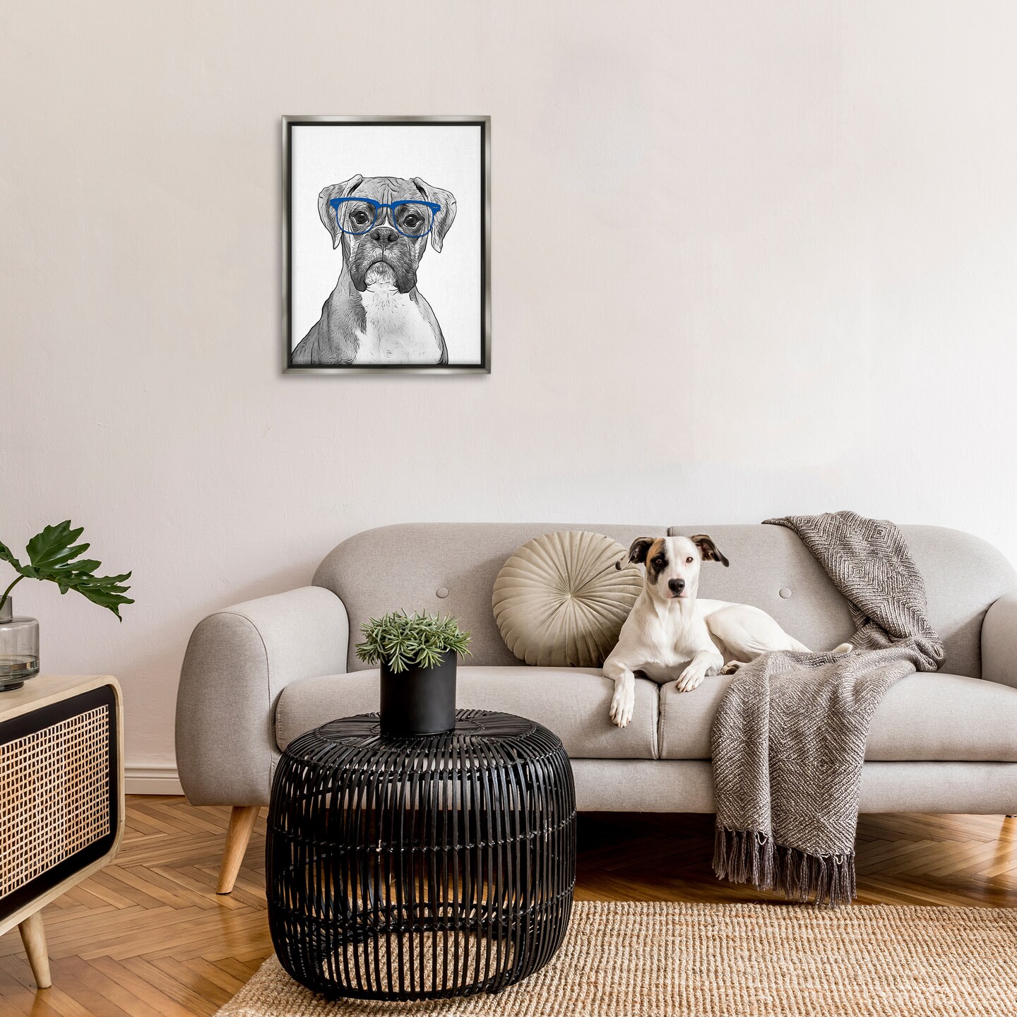 Stupell Industries Fun Boxer Dog Wearing Glasses Black Framed Floater Canvas Wall Art