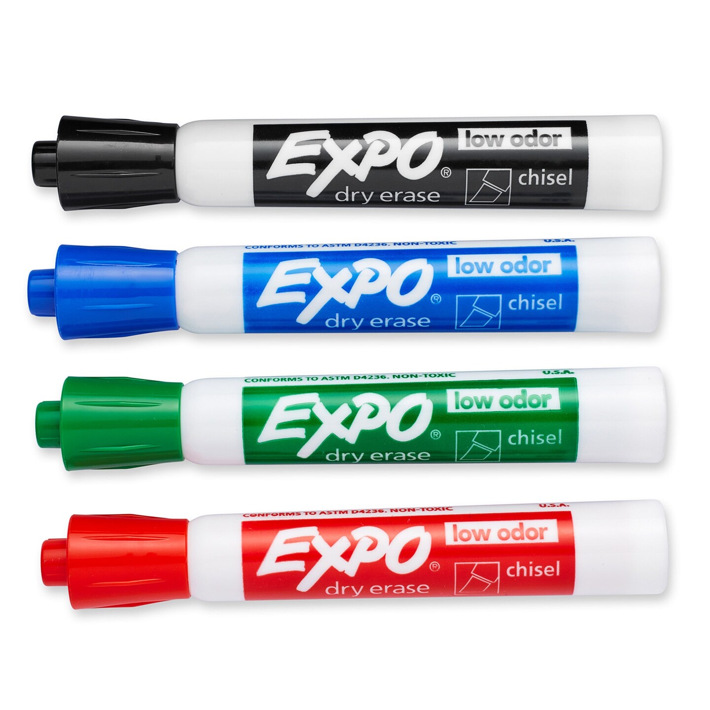 Low-Odor Dry Erase Markers, Chisel Tip, 4 Colors, Pack of 4