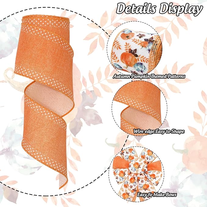 Fall Wired Edge Ribbon Watercolor Pumpkin Leaves Craft Ribbon Orange Fabric Ribbon for Autumn Thanksgiving Wreath Bow Making DIY Crafts Wrapping Party Decoration, 2 Rolls, 20 Yard