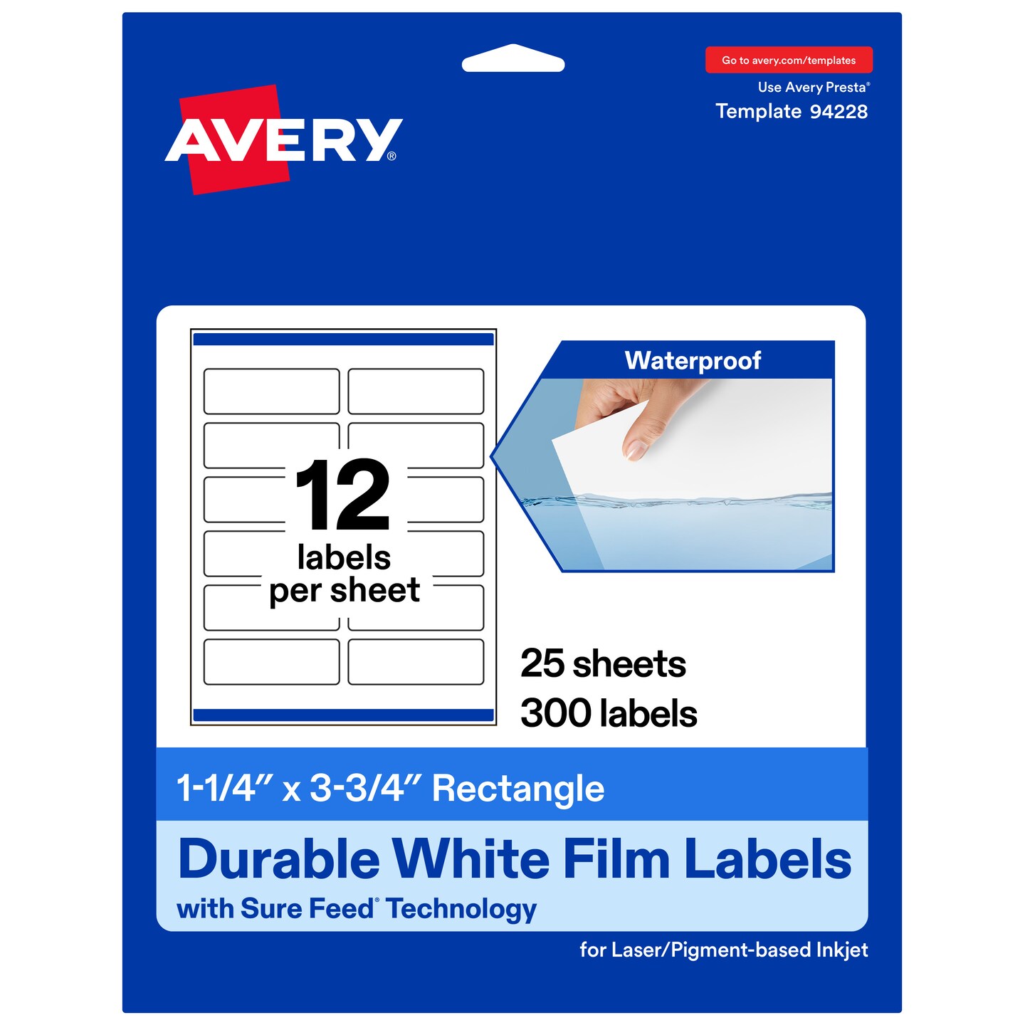 Avery Durable Waterproof Rectangle Labels with Sure Feed, 1.25" x 3.75"