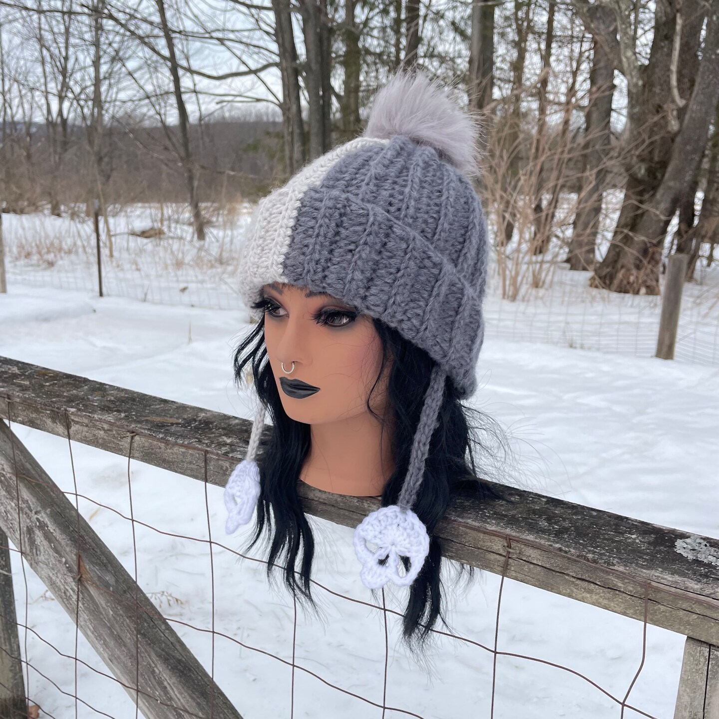 Crochet Skull Tassel Pom Pom Beanie - two tone gray alternative