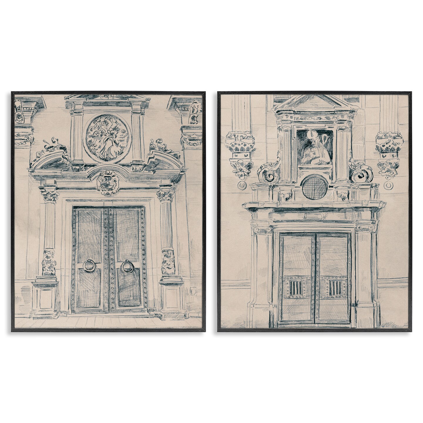 Stupell Industries Pencil Sketch Ornate Door 2 pc Framed Giclee Wall Art Set Design by June Erica Vess