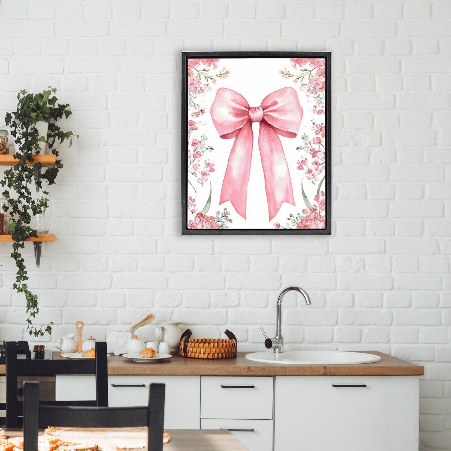 Stupell Industries Floral Bouquet Pink Bow Black Framed Floater Canvas Wall Art, design by Creative Studio