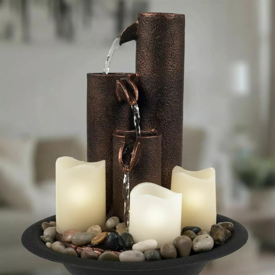 Table Top Faux Copper Pipe Column Electric Water Fountain with LED Candles