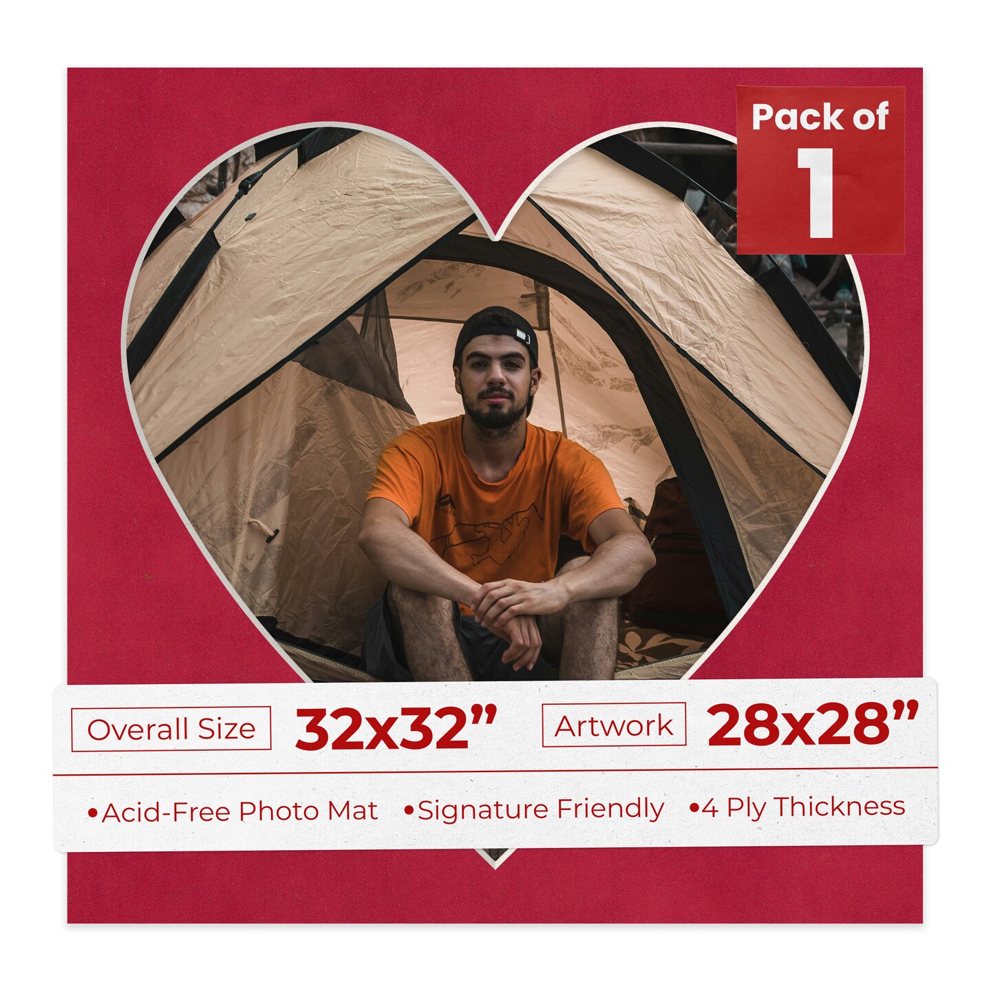 Red Suede Mat Board for 32x32 Frames - Heart Opening for 28x28 Photos