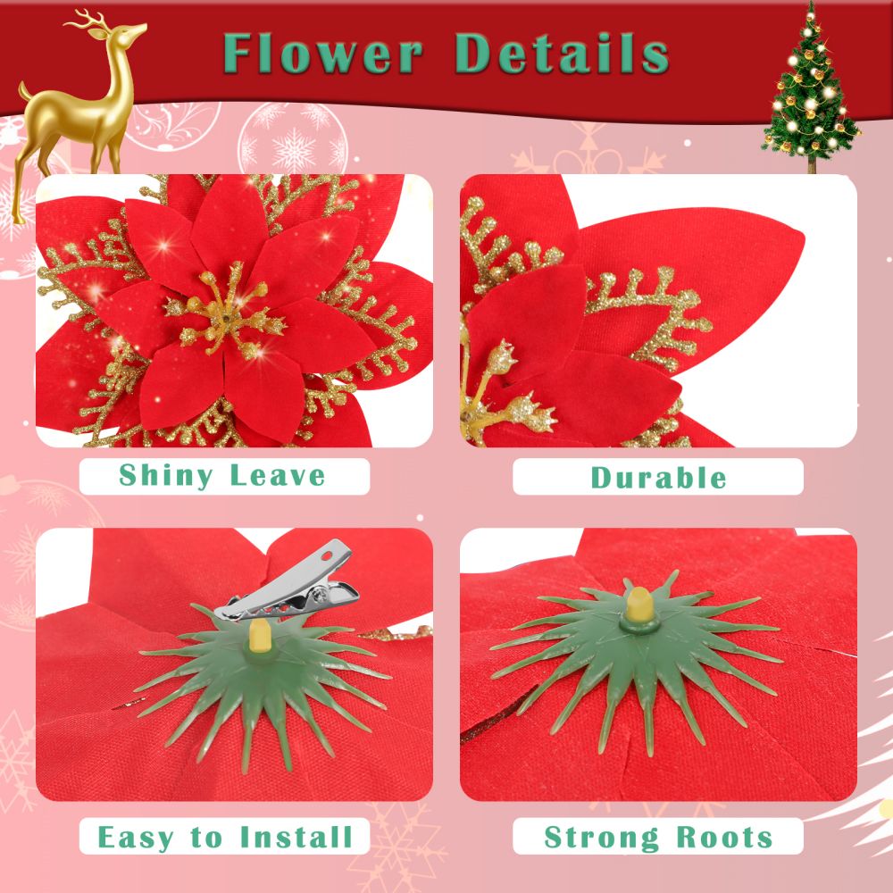 12PCS Christmas Poinsettia Flowers Decorations Artificial Red Glitter Poinsettia Ornaments with Clips & Stems for Xmas Tree, Wreaths, Garland, Holiday Decor