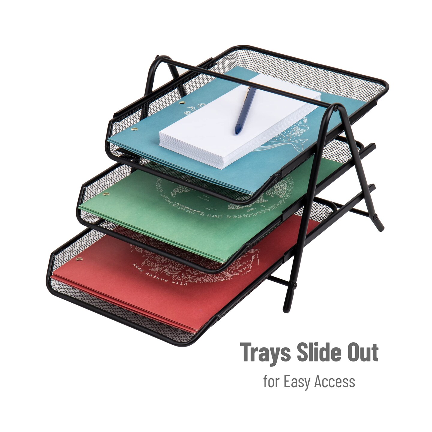 3-Tier Paper Tray, Desktop Organizer, File Storage, Office, Metal Mesh, 11.75"L x 13.75"W x 10"H, Black