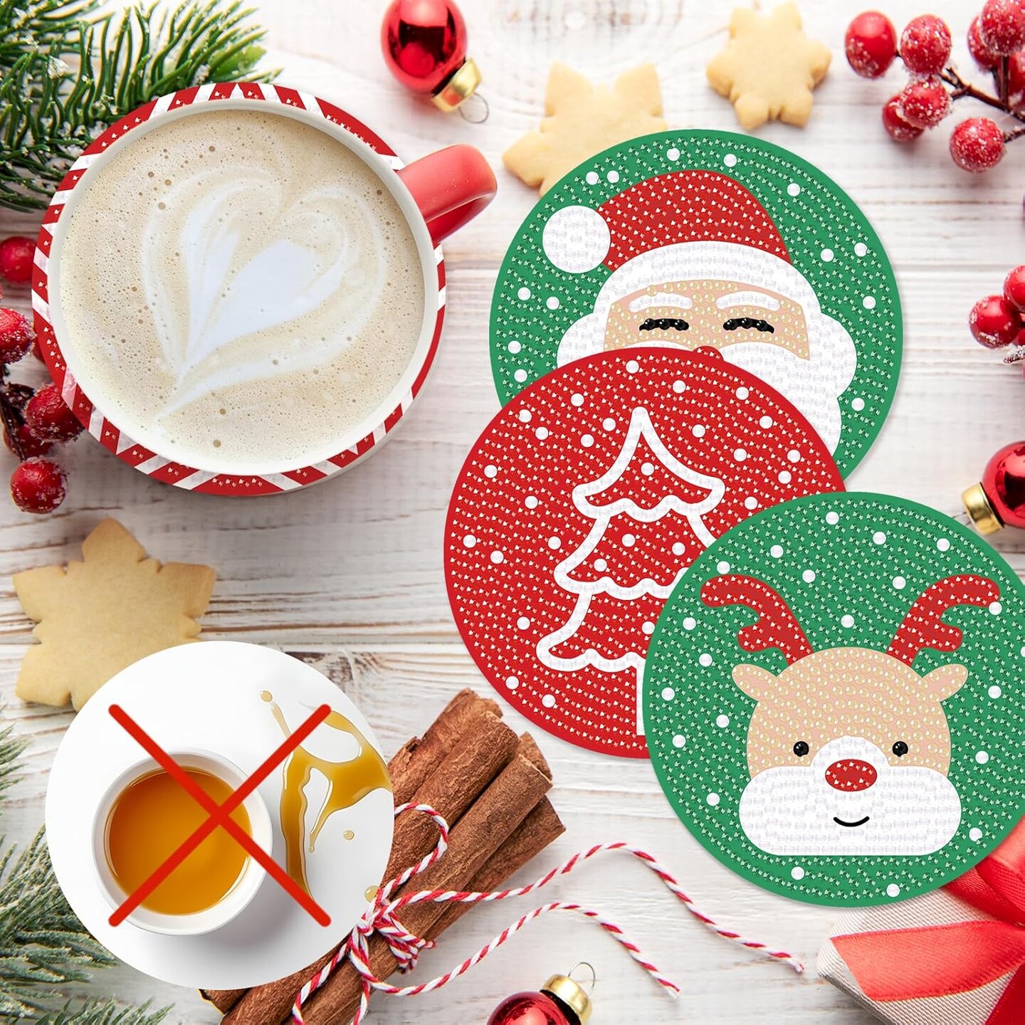 Diamond Coasters Art Painting Kit, 8pcs Diamond Christmas Art Coasters with Holder