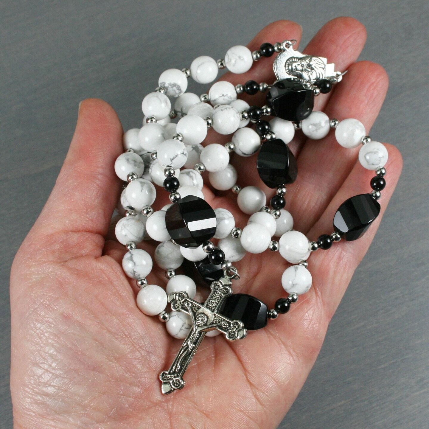White howlite and black onyx rosary in the Roman Catholic style