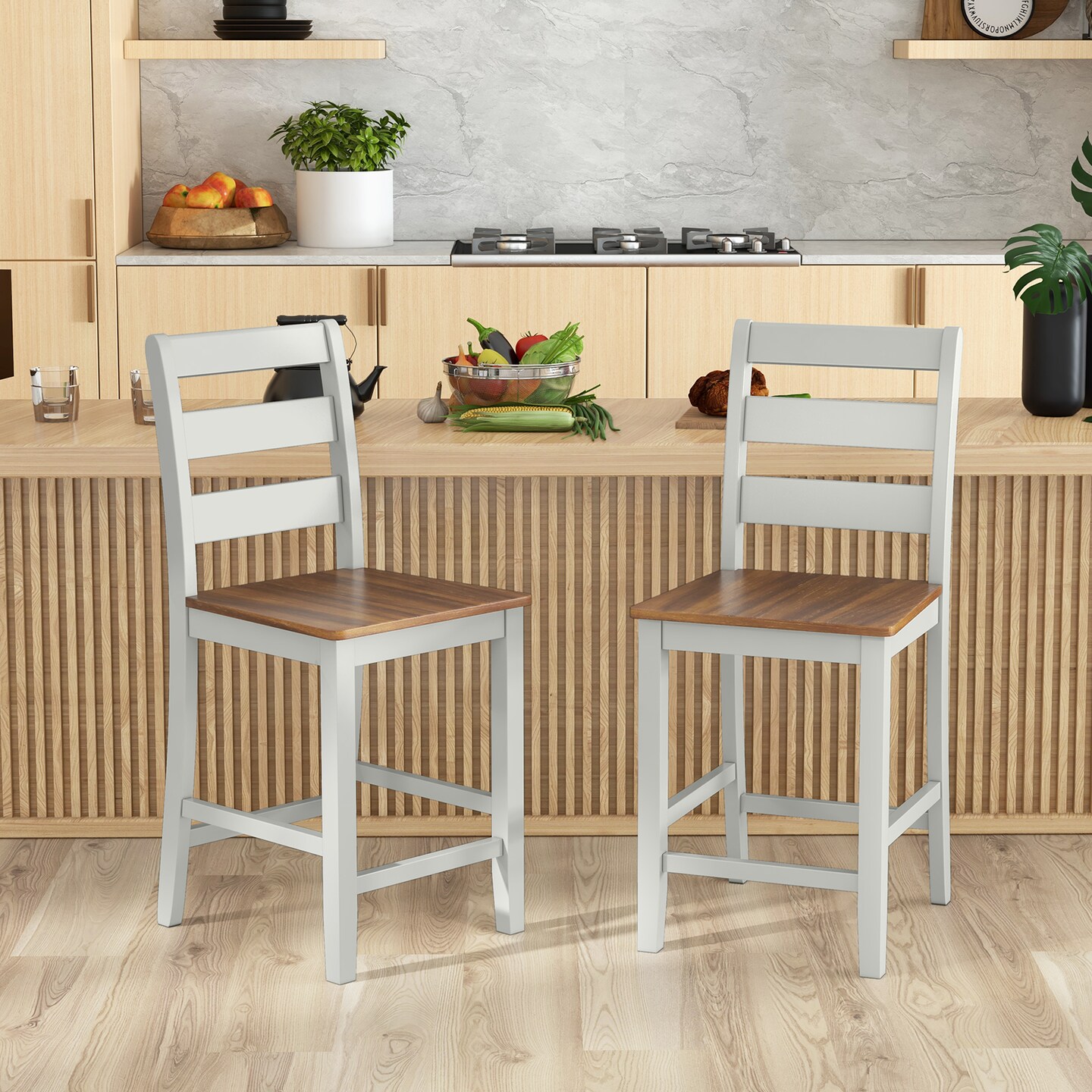 Set of 2 Counter Bar Stool with Inclined Backrest and Footrest-Grey