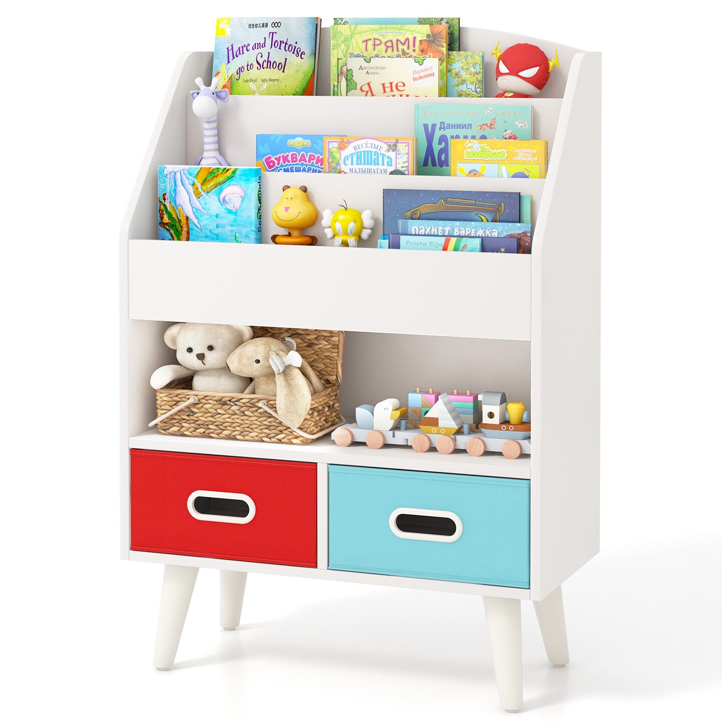 Toddlers Bookshelf with Open Compartment and Two Fabric Drawers - 25&#x22; x 12&#x22; x 36&#x22;