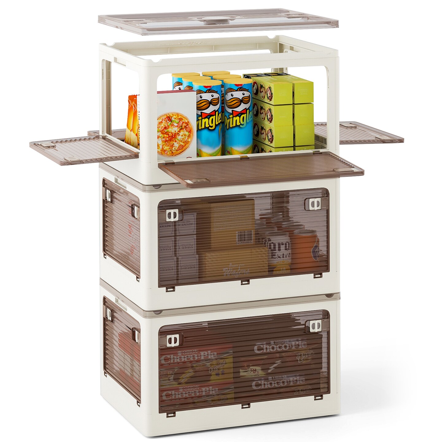 3-Pack Foldable Storage Bins with Top Lid Wheels and Push Latch Doors for Home Organization