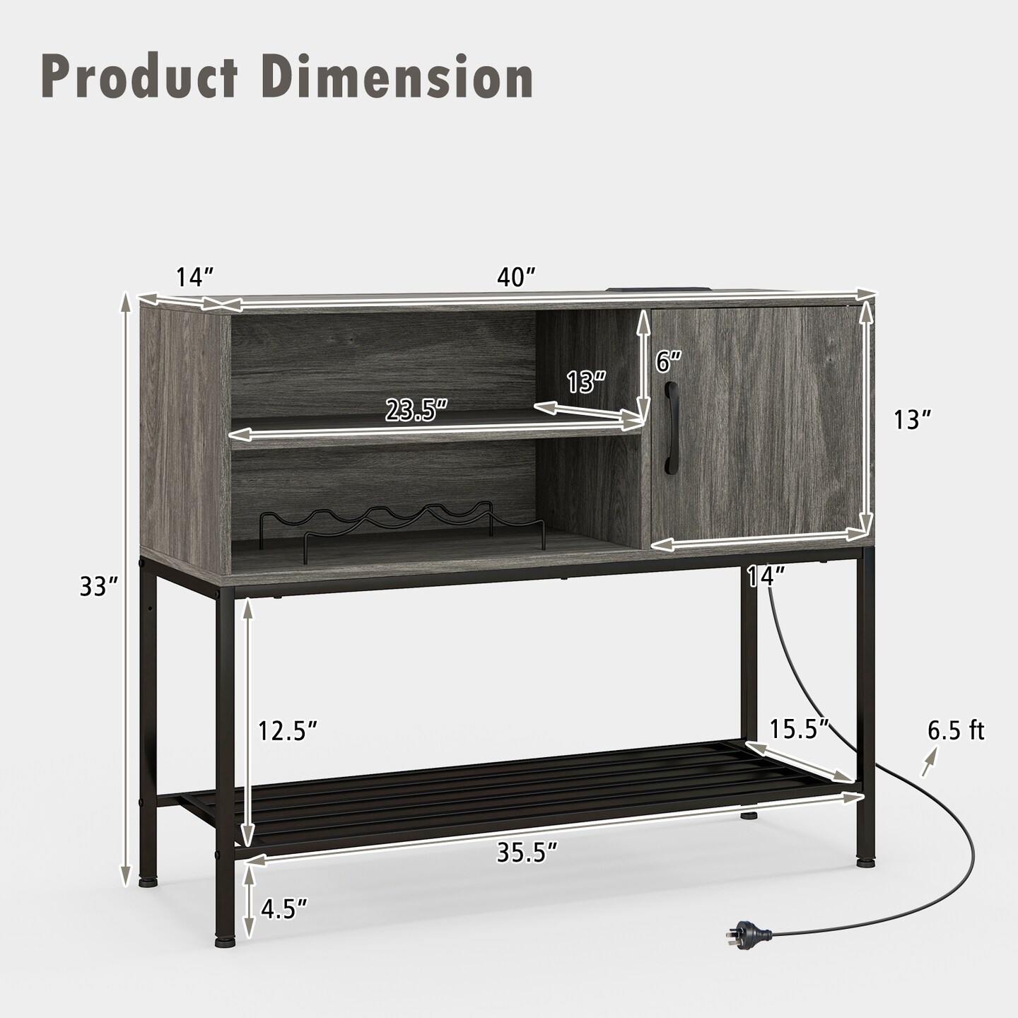 Buffet Sideboard Coffee Bar Cabinet with Power Outlets and USB Ports-Grey