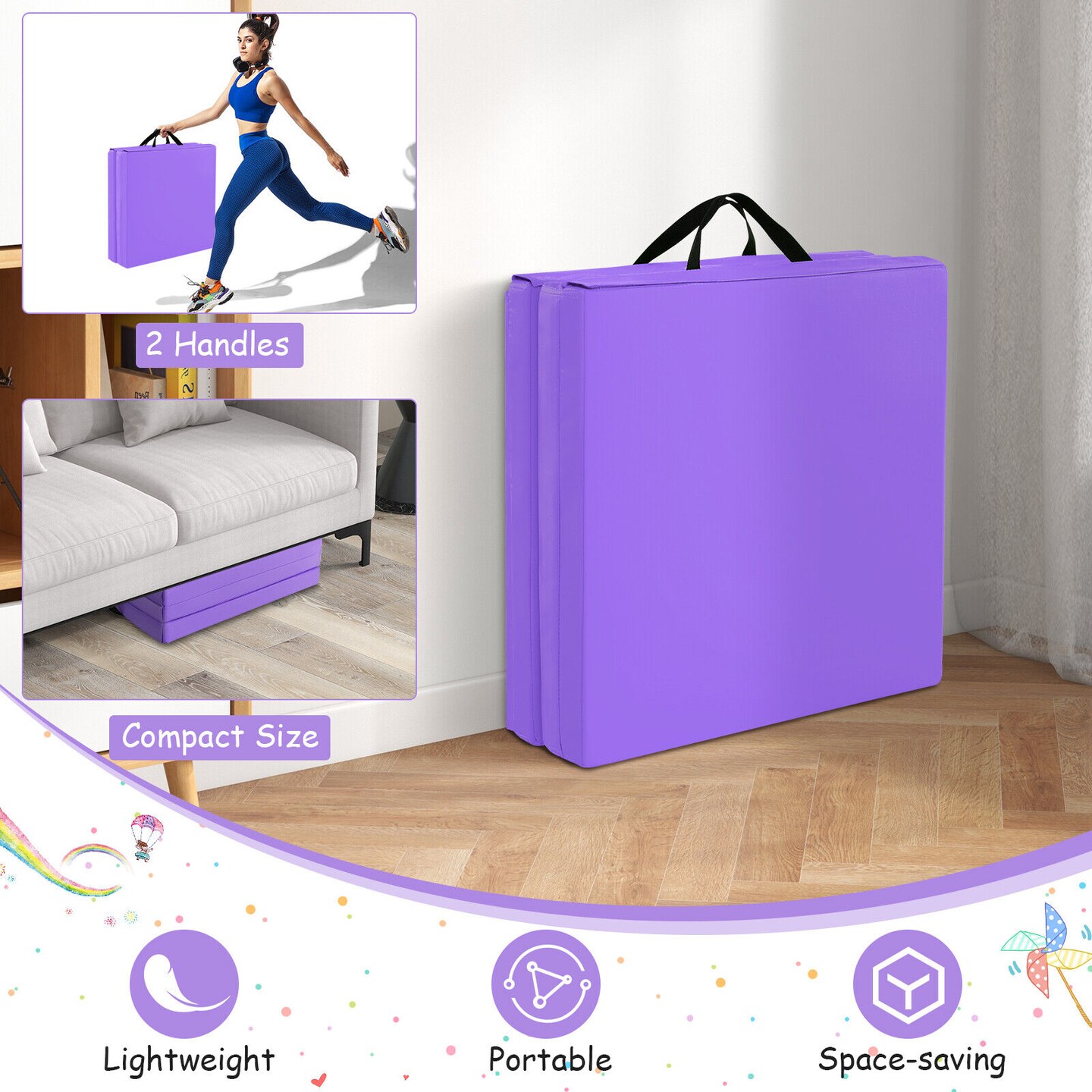 6 x 2 FT Tri-Fold Gym Mat with Handles and Removable Zippered Cover - 6' x 2' x 2"