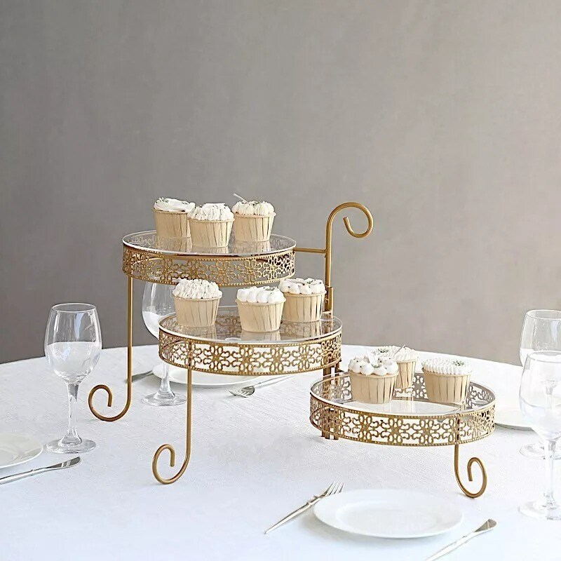 Gold 28 in Round 3-Tier Metal Rotating CUPCAKE STAND Clear Acrylic Plates Party