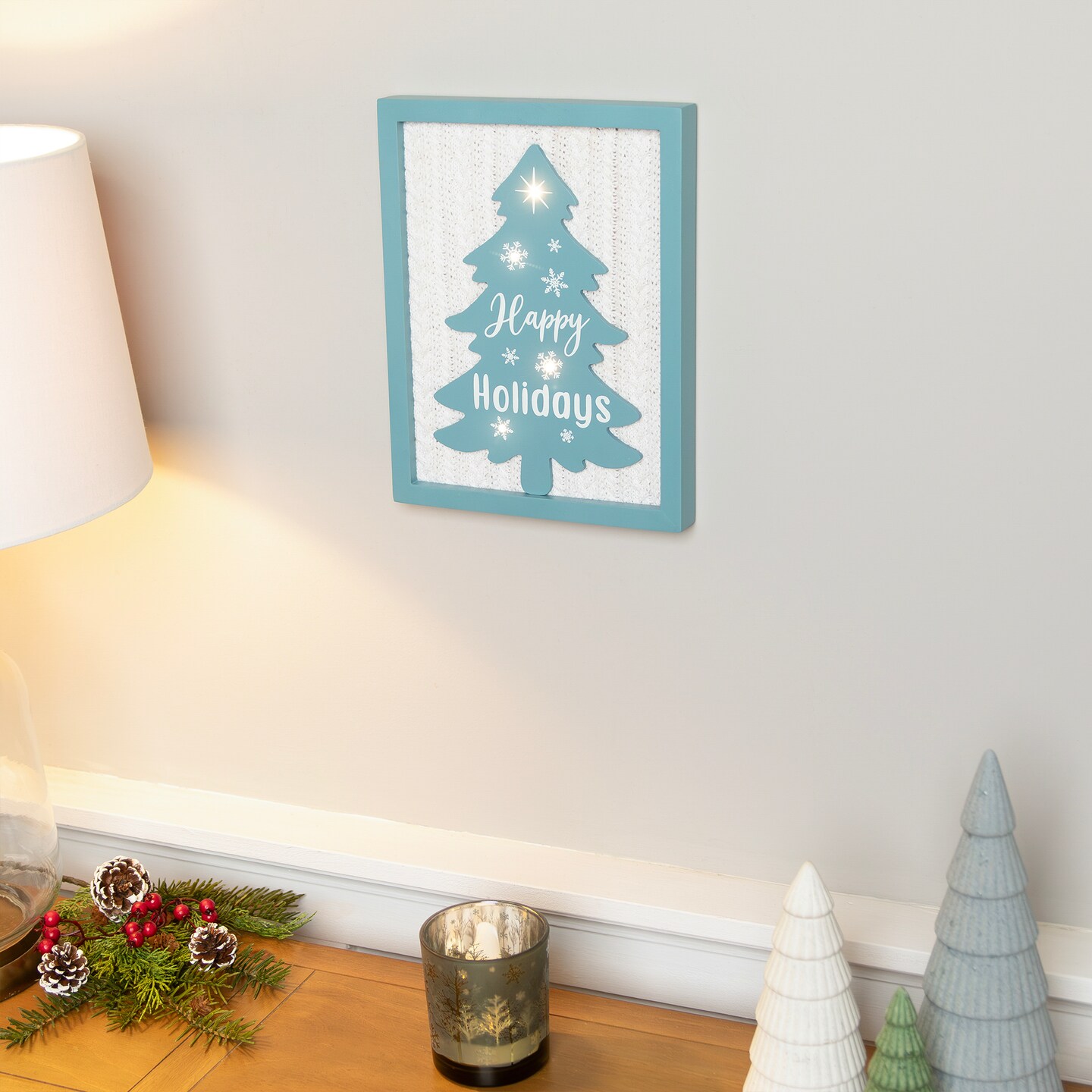 Northlight Lighted Happy Holidays Christmas Tree with Cable Knit Texture Wall Art - 12&#x22;