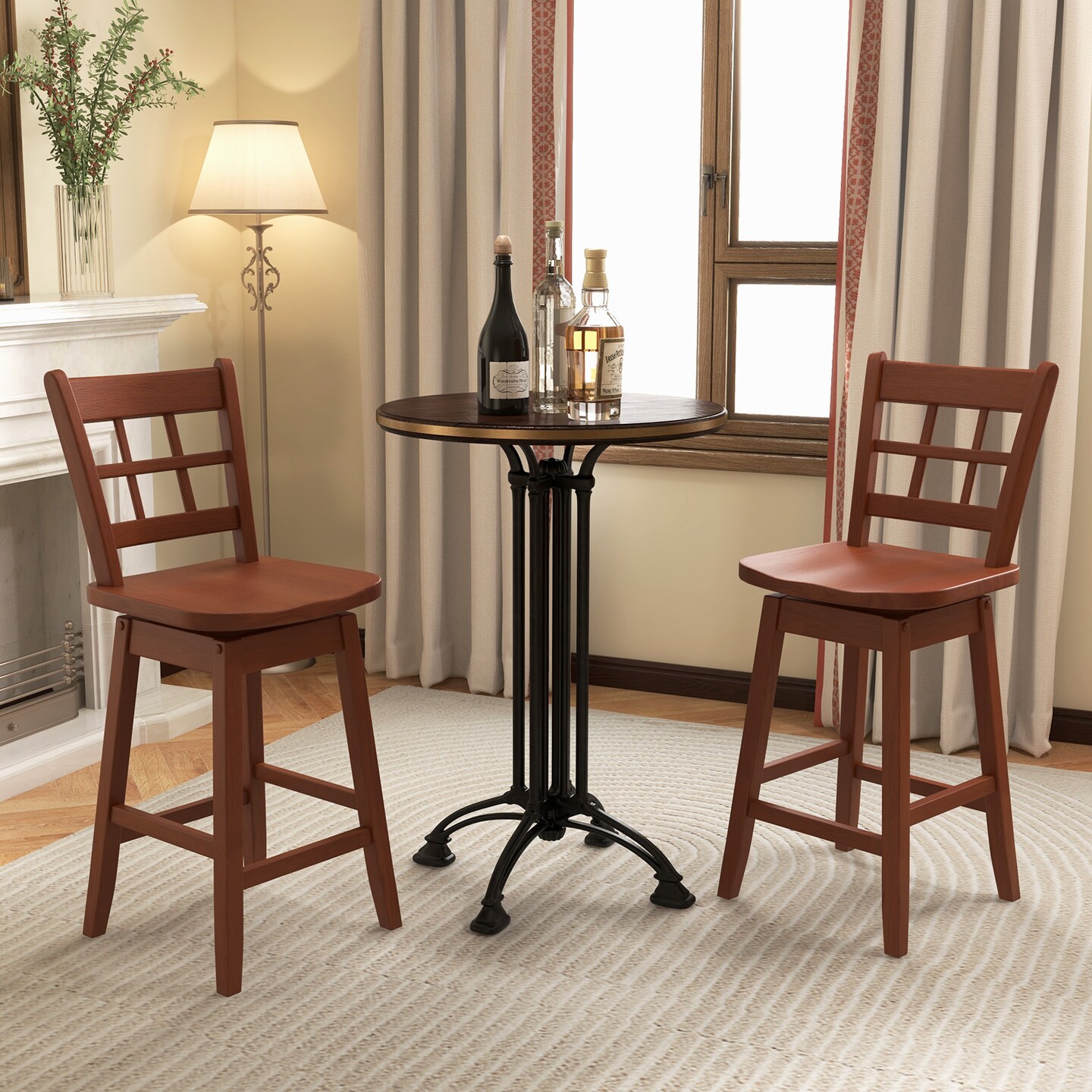 Set of 2 Counter Height Barstools with 6-Grid Hollow Back and Seat - 18&#x22; x 16&#x22; x 38&#x22;