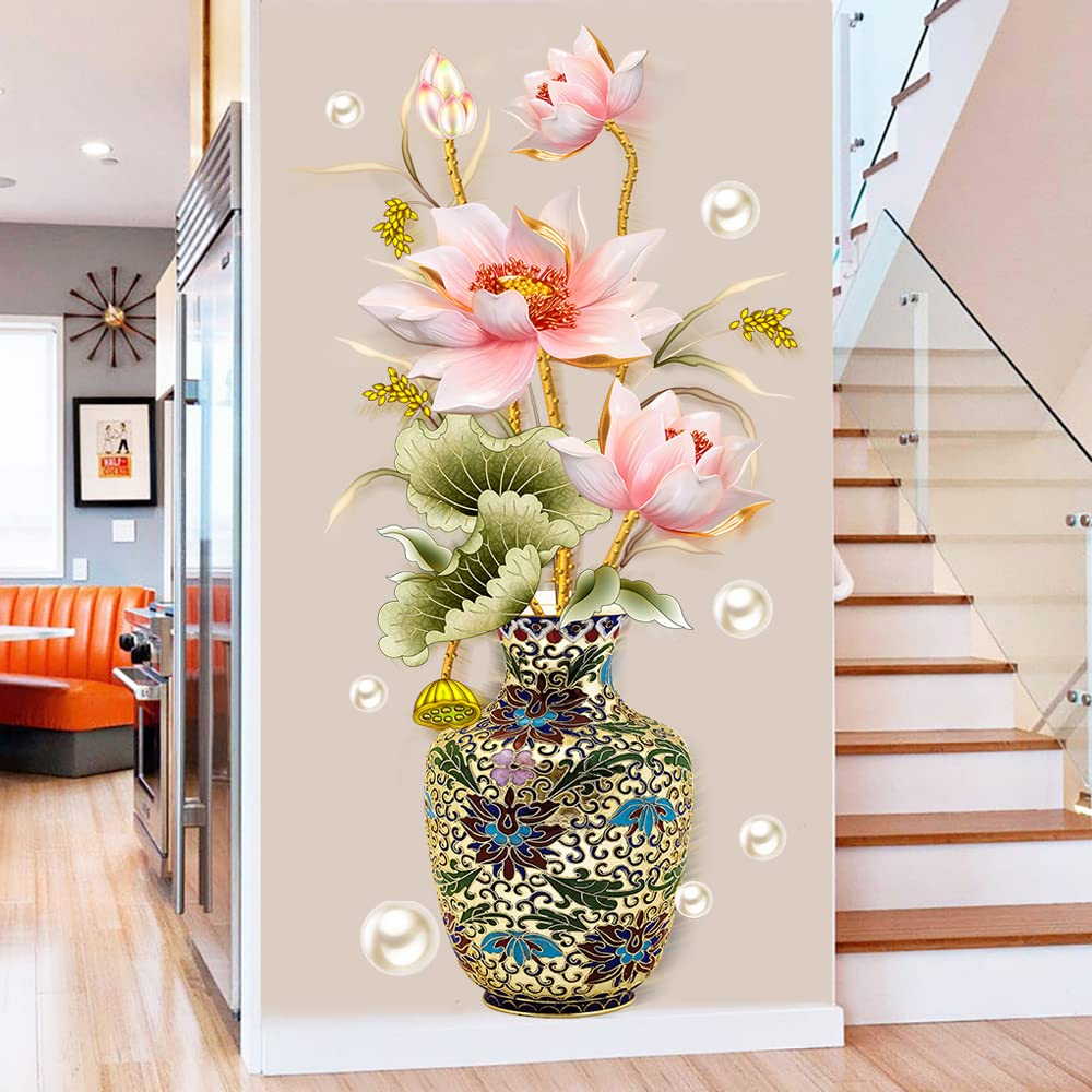 Dechom Chinese Style Lotus Flower Classical Vase Wall Sticker Pearl Living Room Art Wall Decals Home Entrance Backdrop Decoration