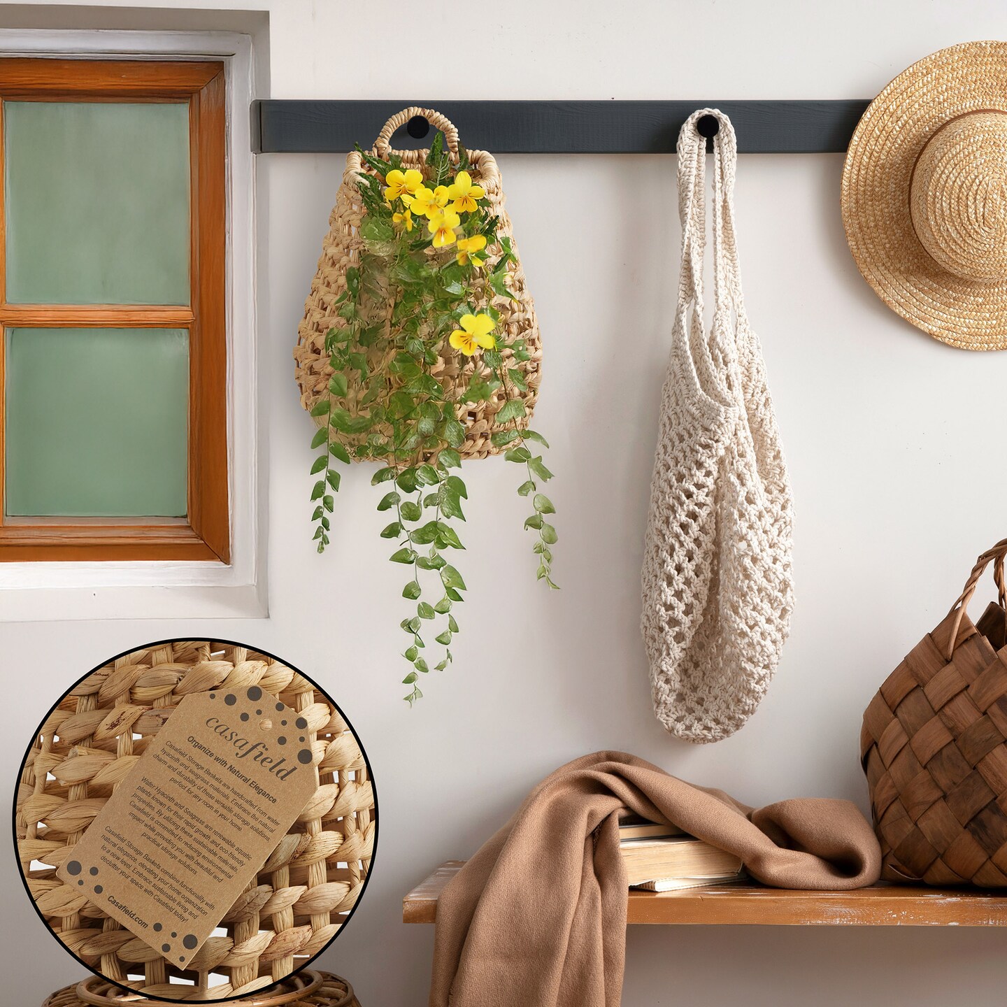 Casafield Open Weave Wall Hanging Basket for Plants and Flowers - Natural, Water Hyacinth Decorative Boho Accent for Front Door and Entryway