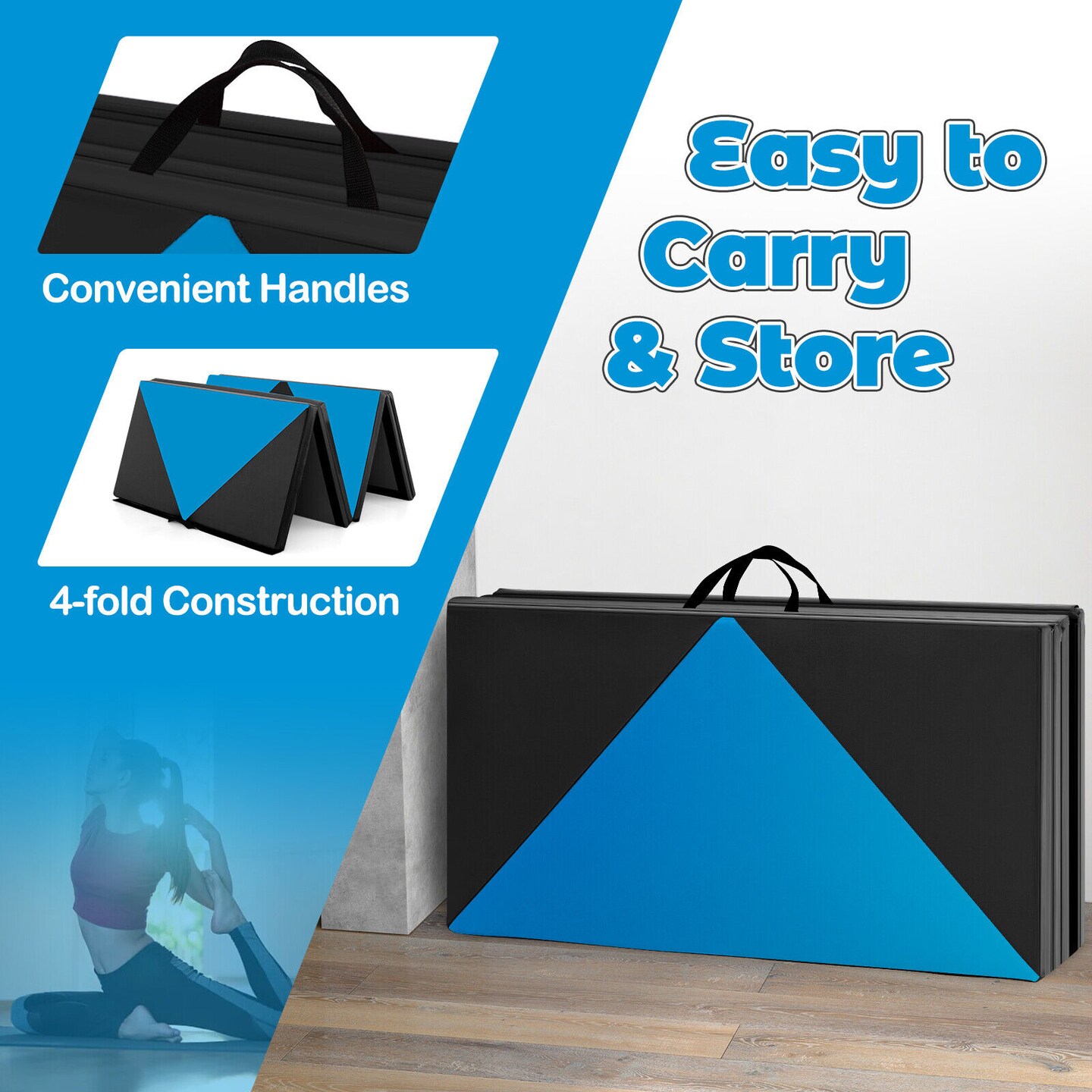 8 Feet PU Leather Folding Gymnastics Mat with Removable Zippered Cover and Hook and Loop Fasteners