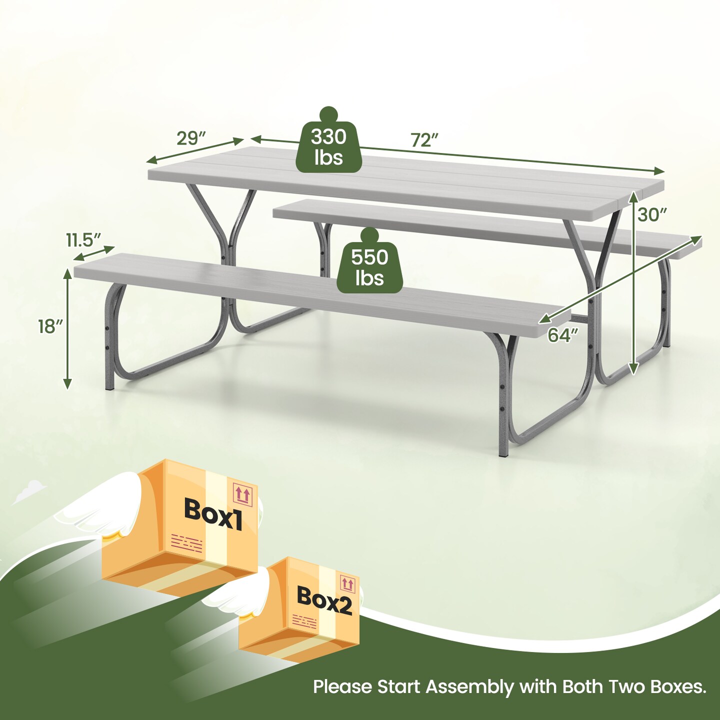 6 FT Picnic Table Bench Set Dining Table and 2 Benches with Metal Frame and HDPE Tabletop