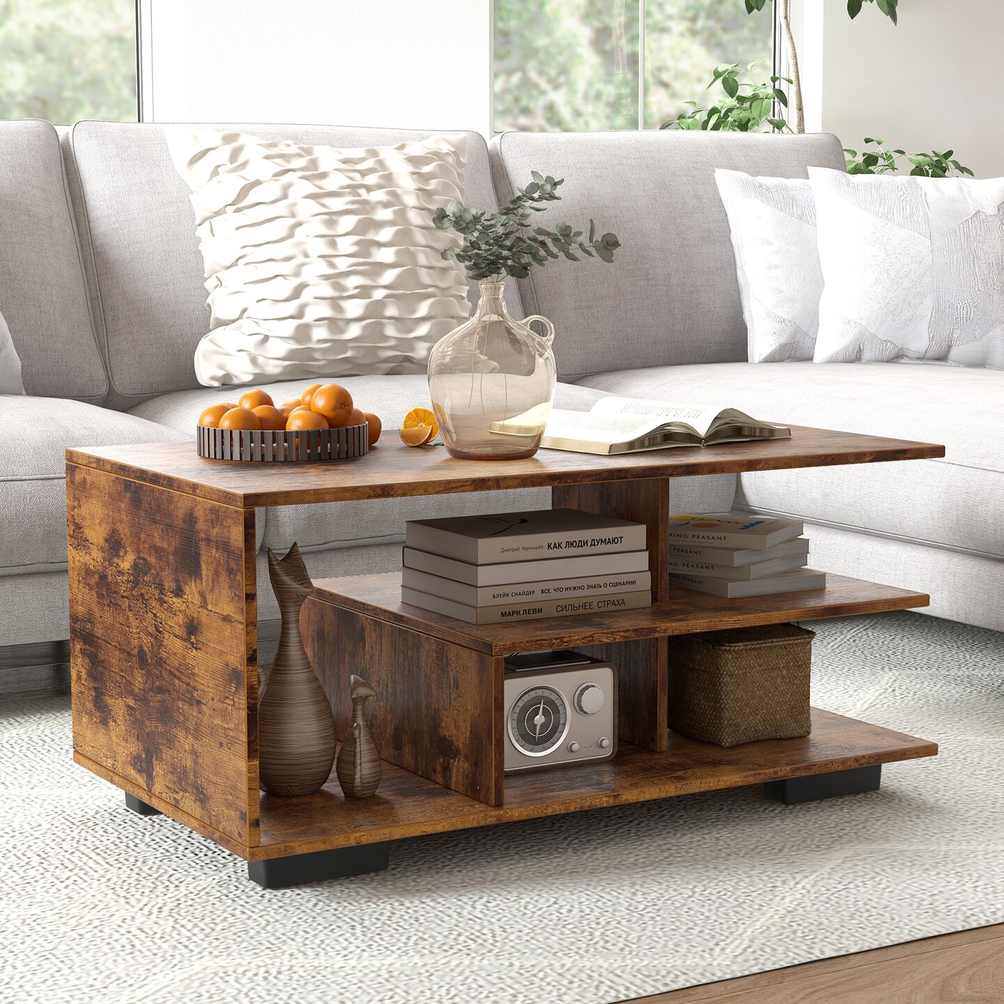 Rectangular Coffee Table with L-shaped Middle Shelf - 35.5" x 19.5" x 16.5" (L x W x H)