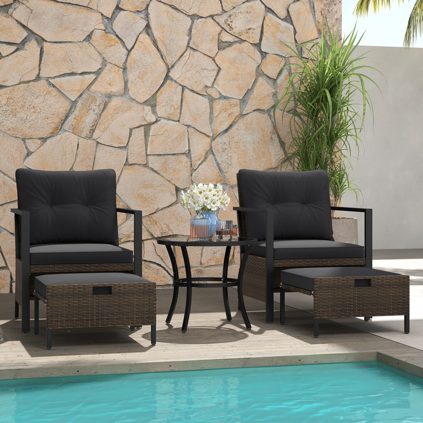 5 Piece Outdoor Furniture Set with Glass Topped Coffee Table - 27" x 25" x 33"